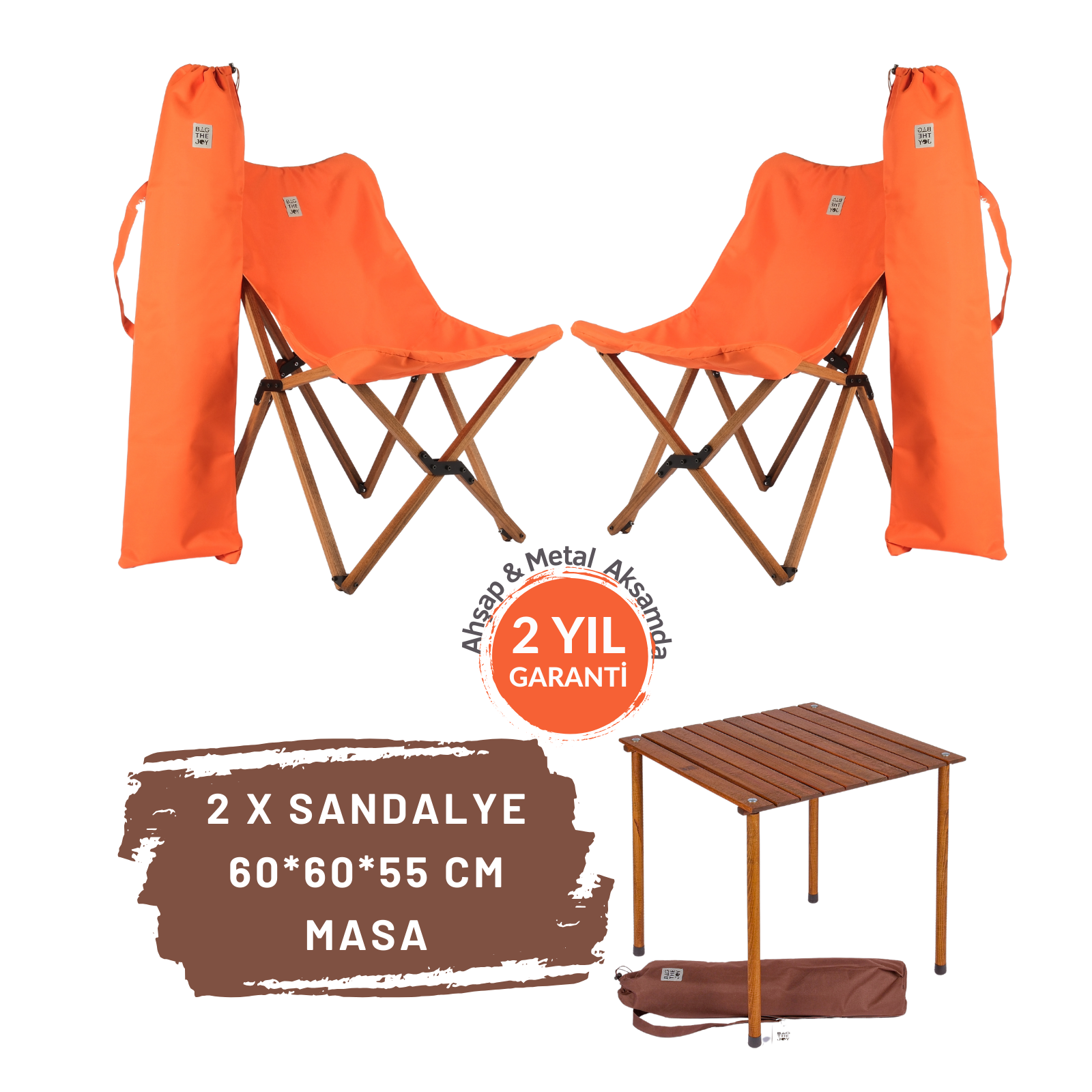 Turuncu kamp seti, sandalyeler, masa ve çantalar. Görüntüde '2 YIL GARANTİ' ve '2 X SANDALYE' metinleri var.
