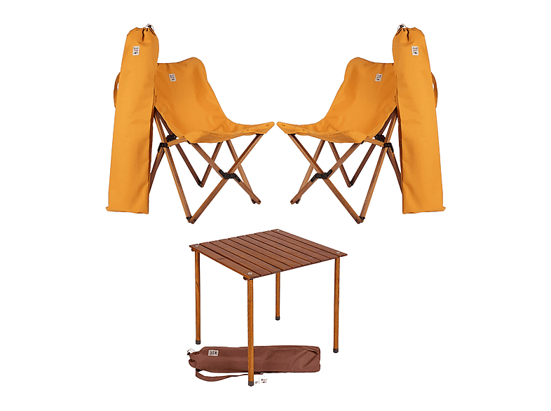 BAG THE JOY Ahşap 60x60x55 Kahverengi Katlanır Çantalı Kamp Masa Sandalye Seti Hardal
