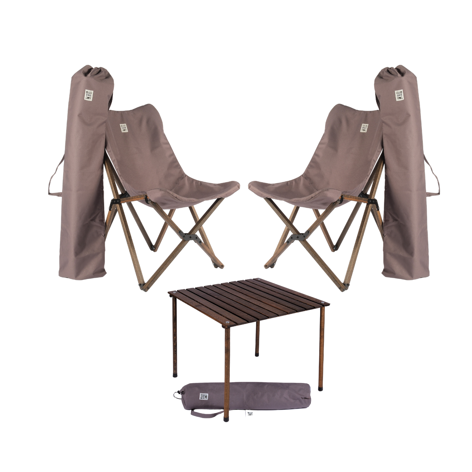 BAG THE JOY Ahşap 60x60x55 Antrasit Katlanır Çantalı Kamp Masa Sandalye Seti Koyu Gri