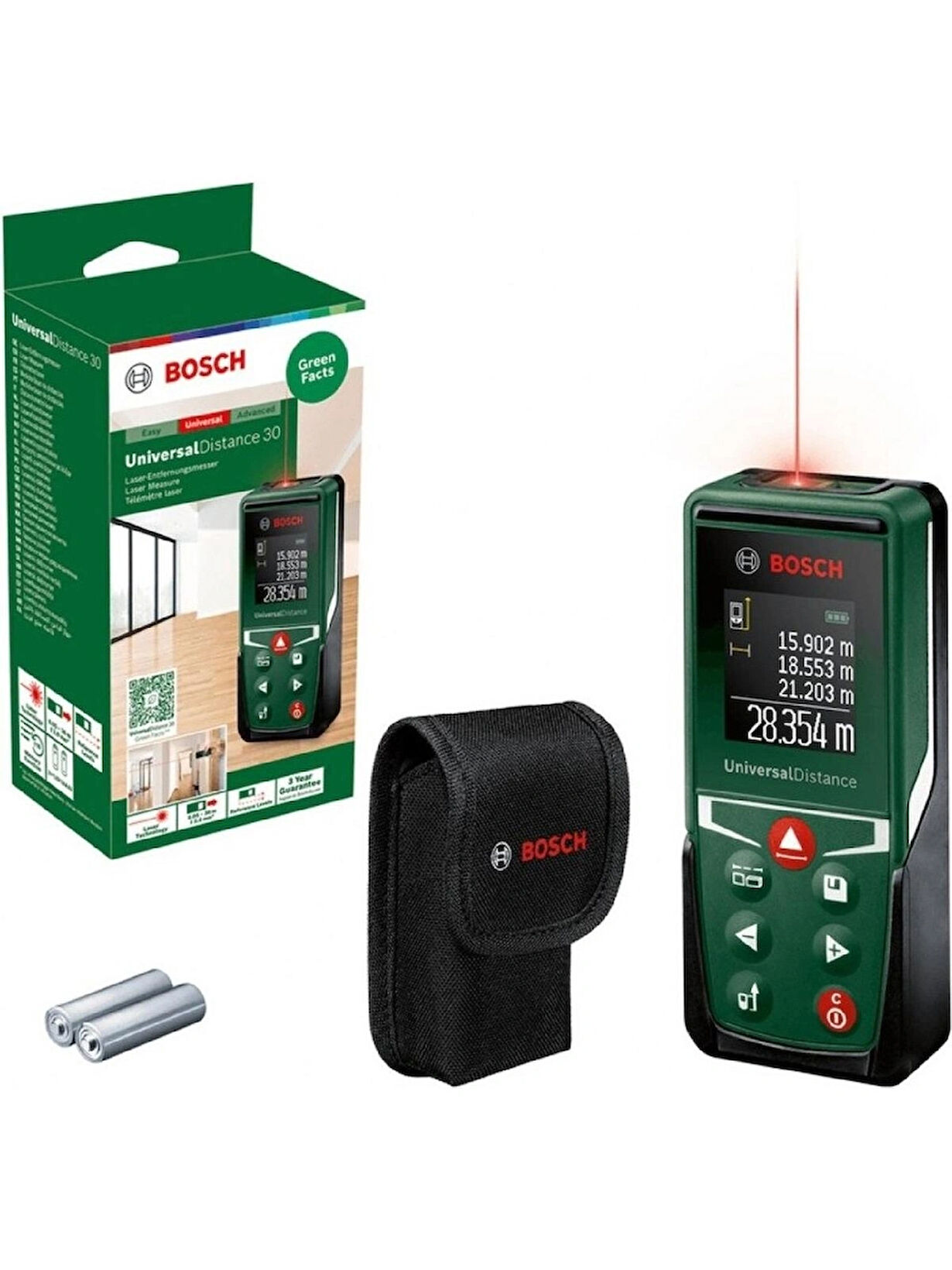Bosch UniversalDistance 30 lazer mesafe ölçer, kutu, kılıf, piller. Yeşil ve siyah cihaz, kırmızı lazer ışınıyla ölçümleri gösterir.