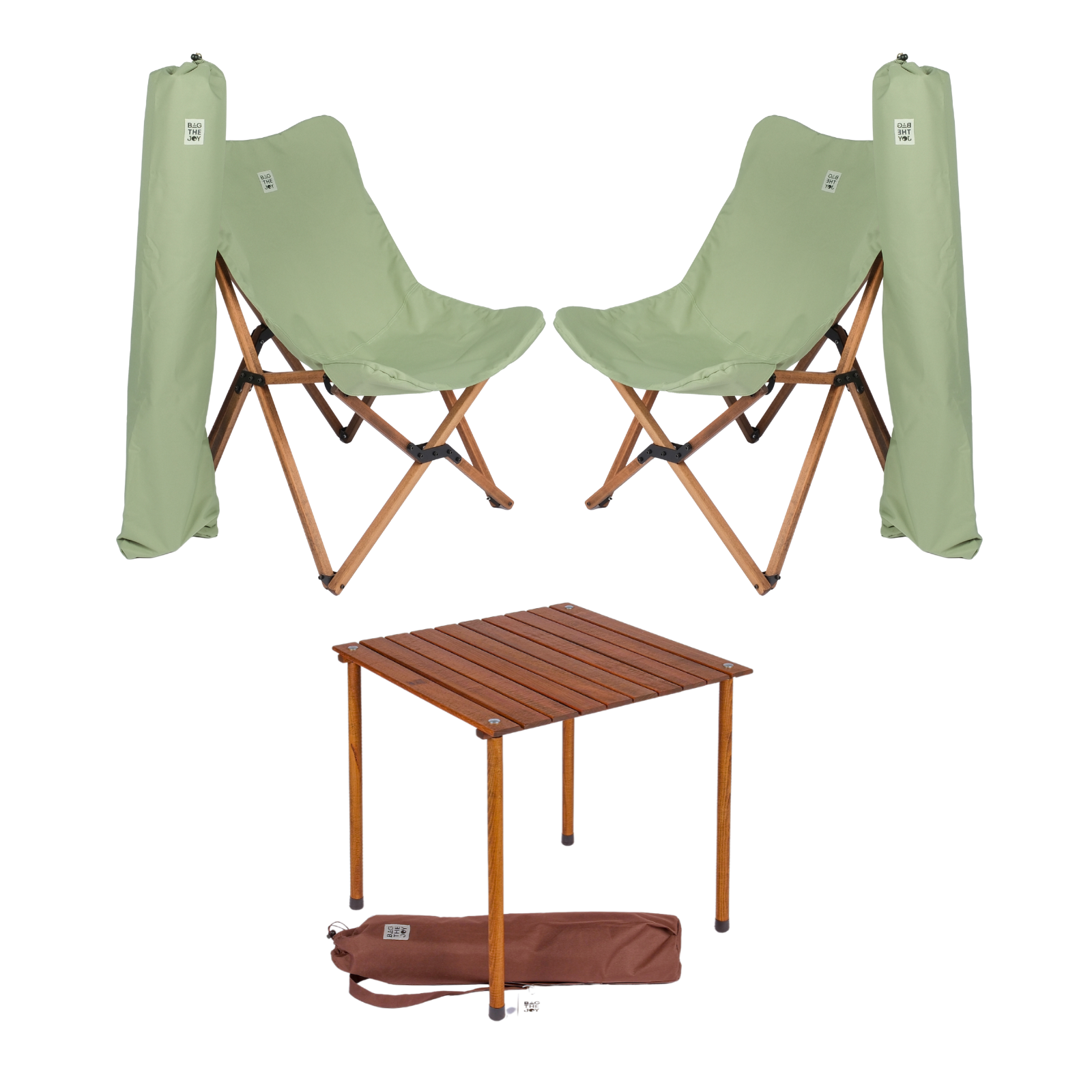 BAG THE JOY Ahşap 60x60x55 Kahverengi Katlanır Çantalı Kamp Masa Sandalye Seti Su Yeşili