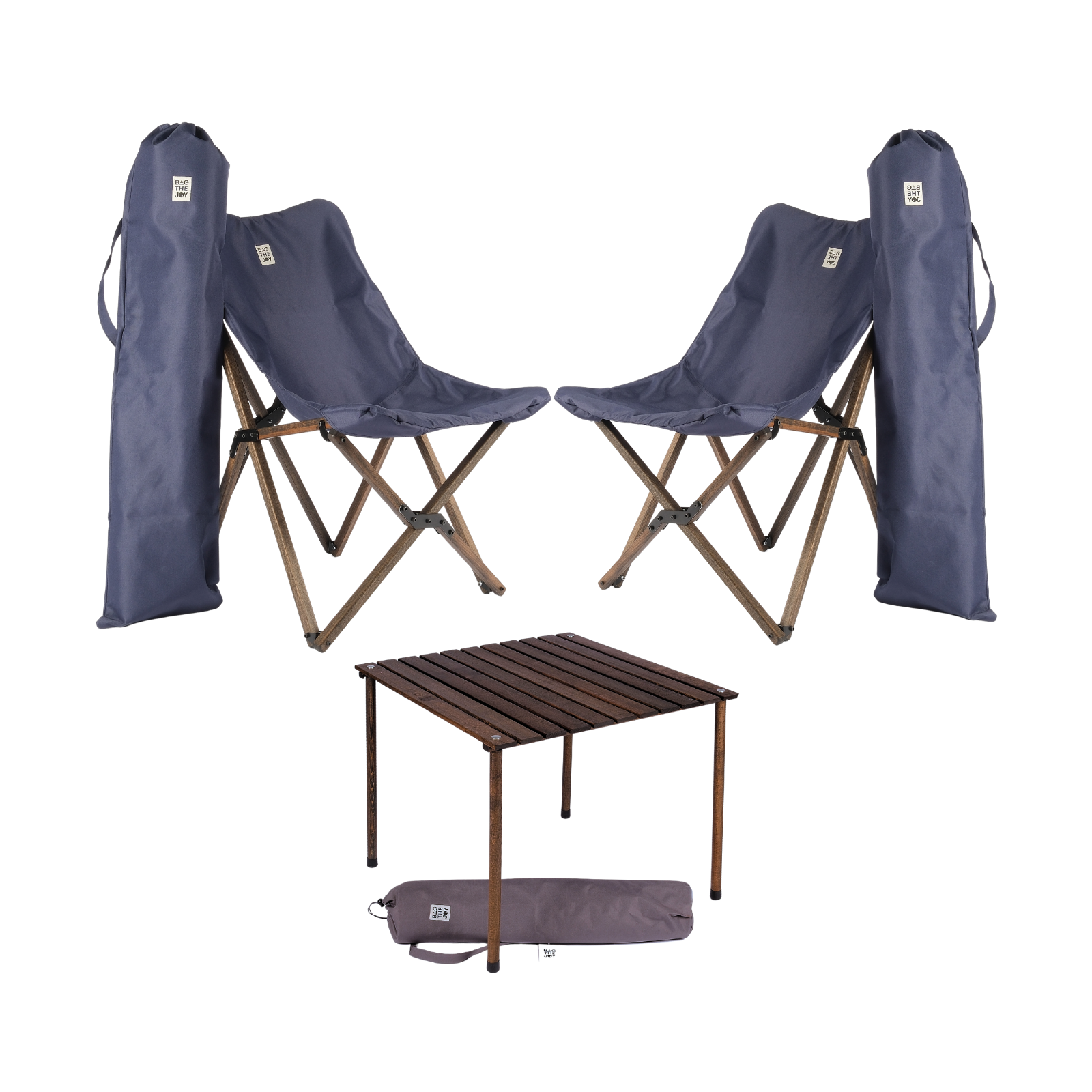 BAG THE JOY Ahşap 70x70x55 Antrasit Katlanır Çantalı Kamp Masa Sandalye Seti Lacivert