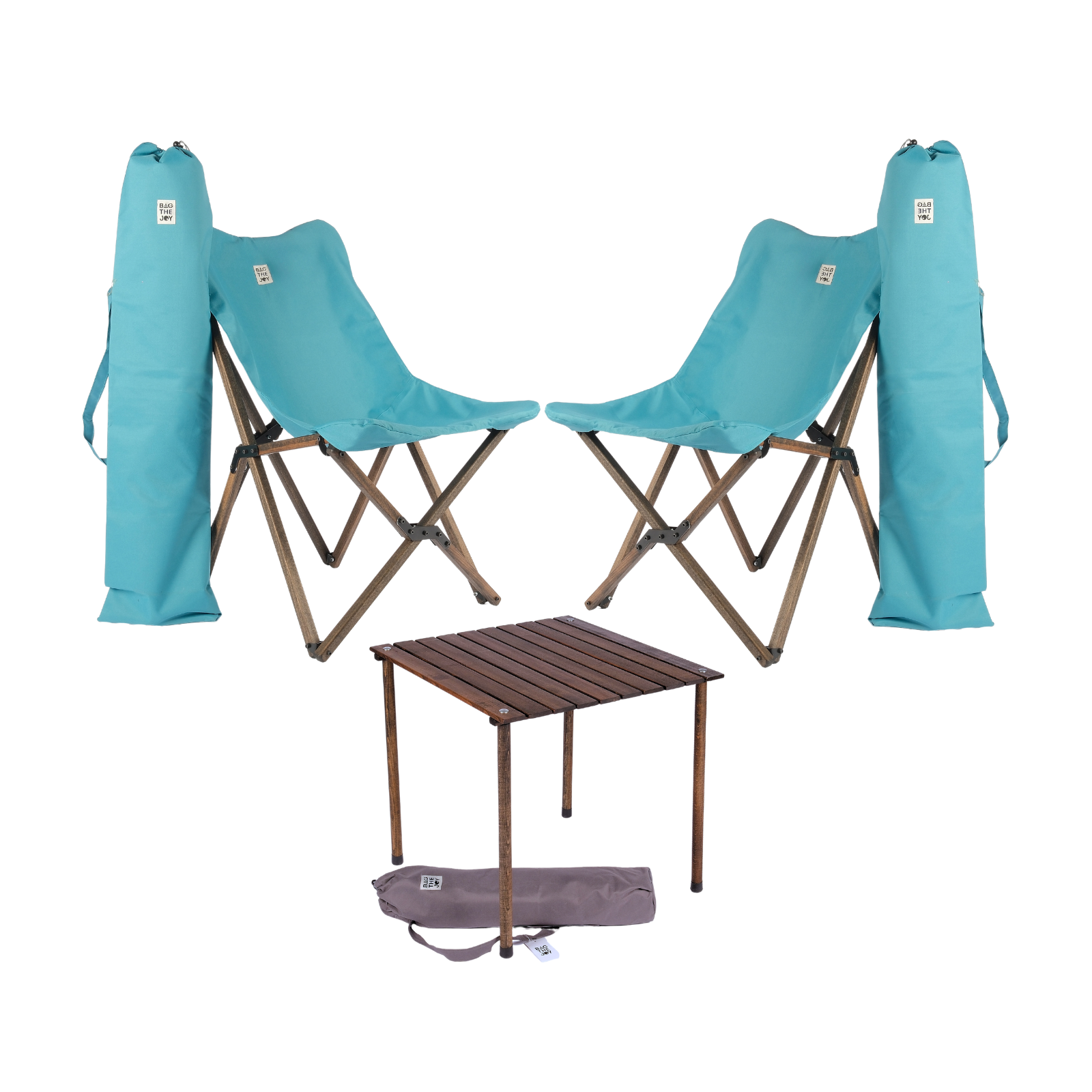 BAG THE JOY Ahşap 60x60x55 Antrasit Katlanır Çantalı Kamp Masa Sandalye Seti Turkuaz