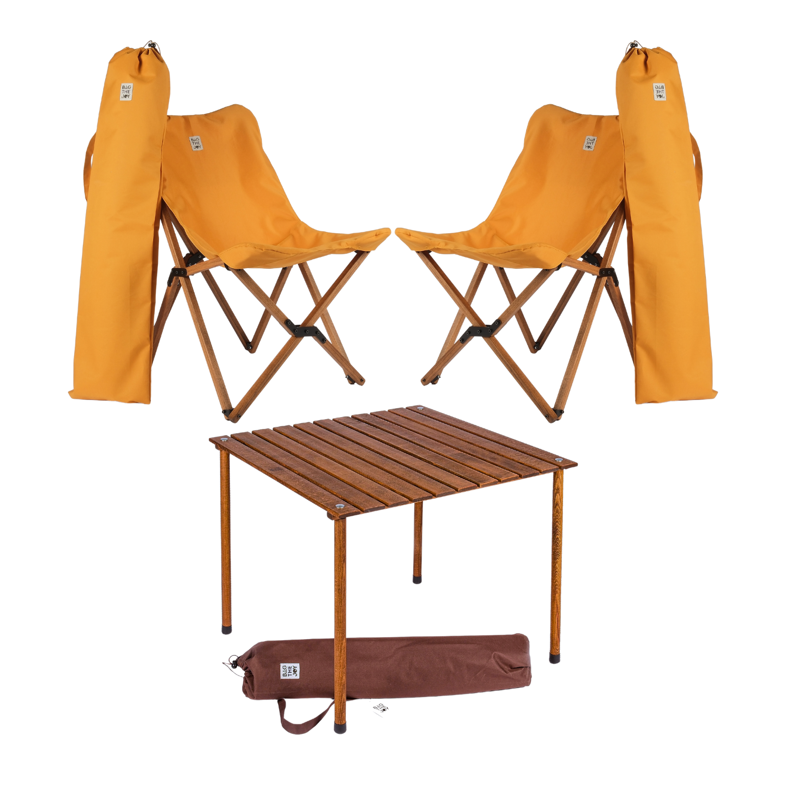 BAG THE JOY Ahşap 70x70x55 Kahverengi Katlanır Çantalı Kamp Masa Sandalye Seti Hardal