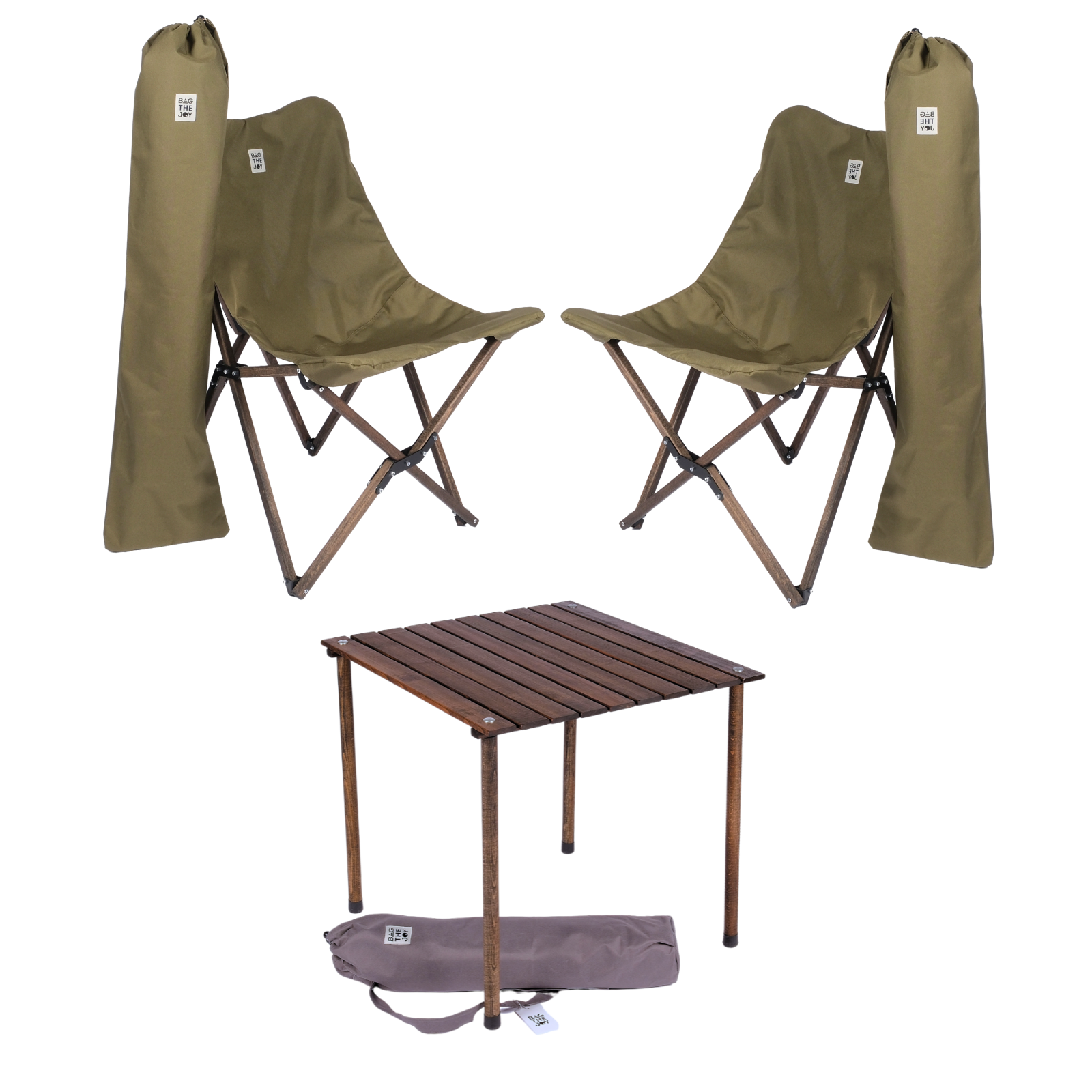BAG THE JOY Ahşap 60x60x55 Antrasit Katlanır Çantalı Kamp Masa Sandalye Seti Haki