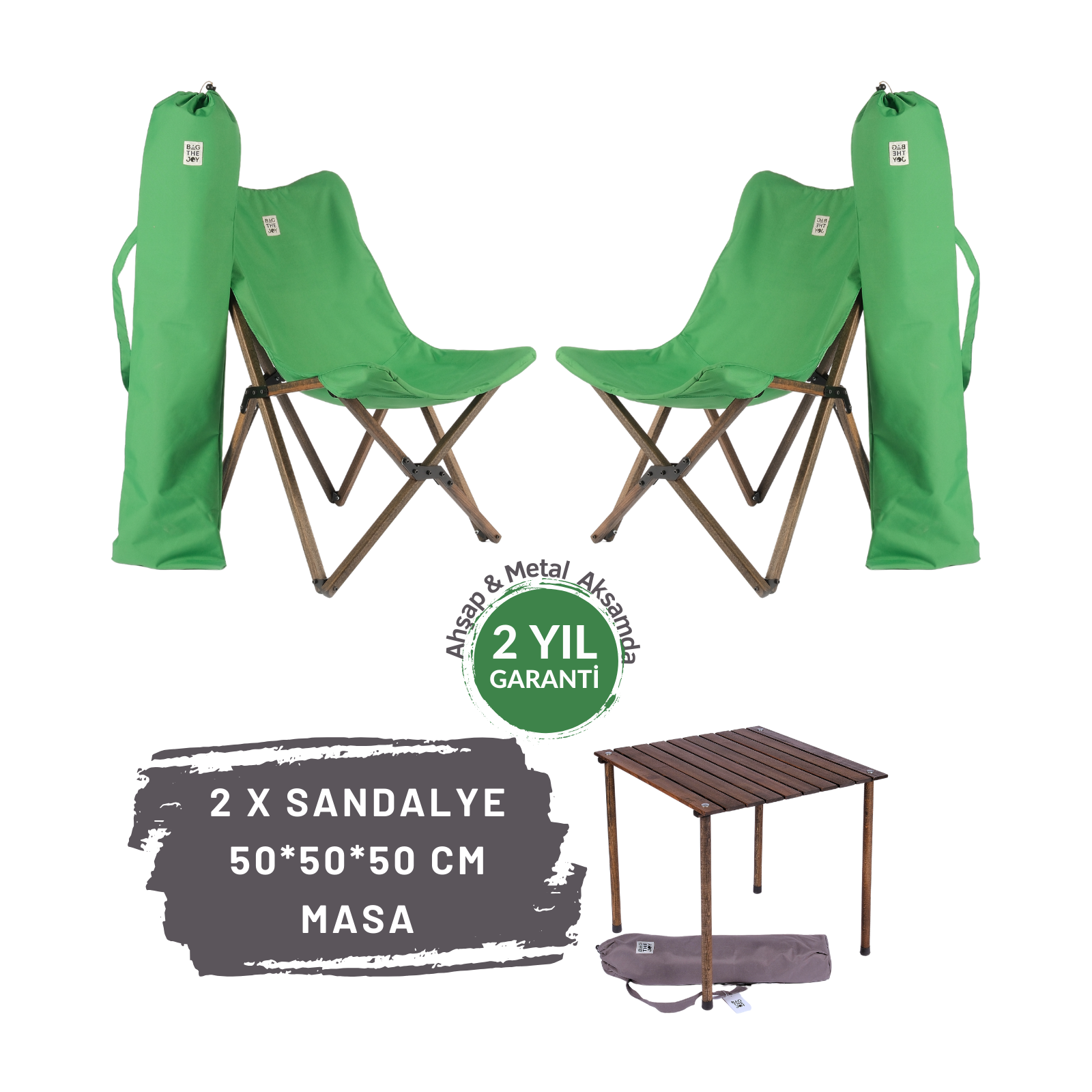 BAG THE JOY Ahşap 50x50x50 Antrasit Katlanır Çantalı Kamp Masa Sandalye Seti Yeşil