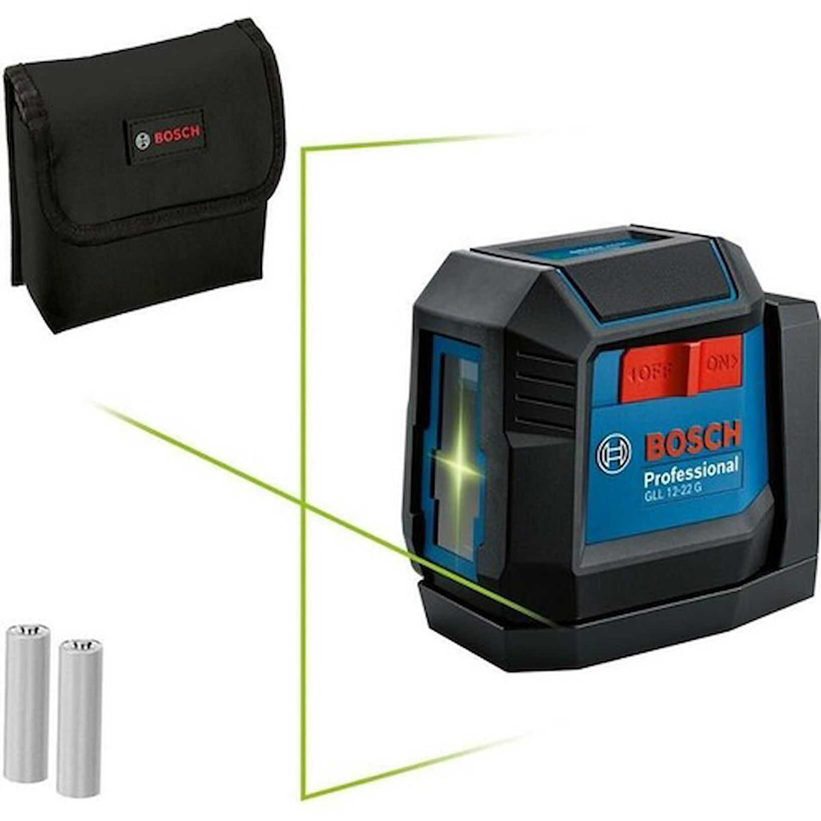 Bosch lazer terazisi ve çantası. Terazi siyah ve mavidir. İki pil solda. Çanta siyahtır.