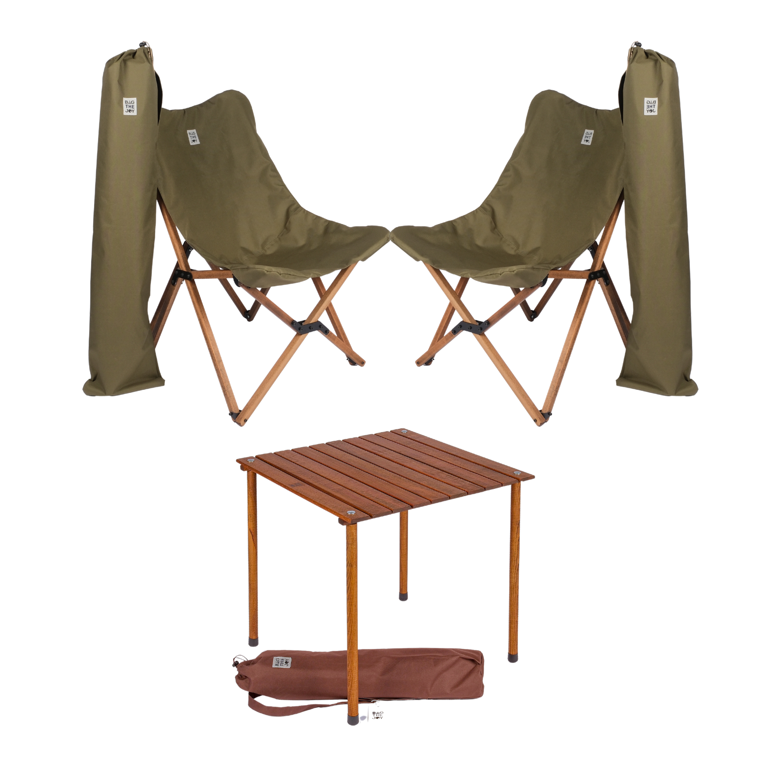 BAG THE JOY Ahşap 60x60x55 Kahverengi Katlanır Çantalı Kamp Masa Sandalye Seti Haki