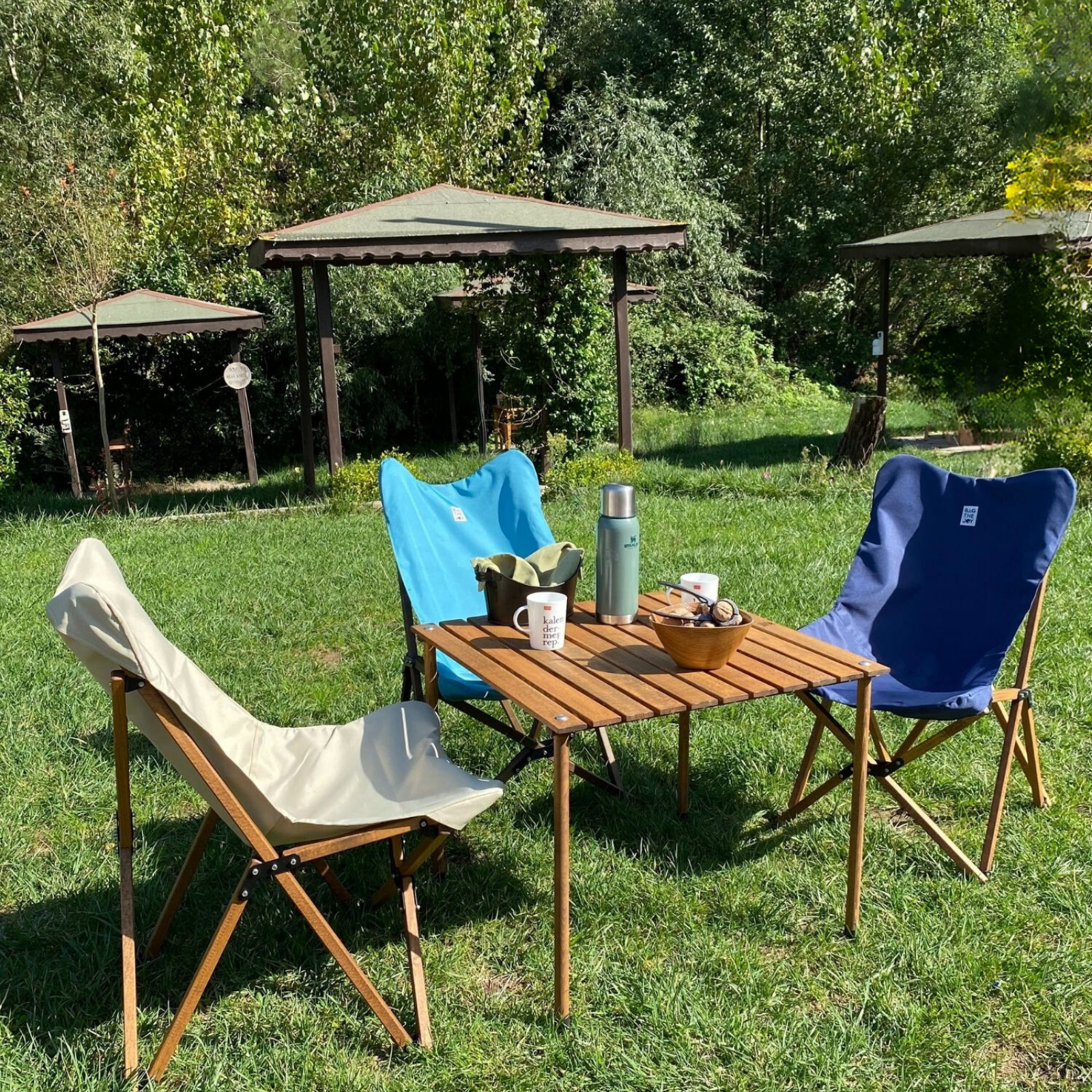 Masa, sandalyeler ve ağaçlarla piknik sahnesi. Masada termos, kase ve kupalar var. Sandalyeler mavi, bej ve koyu mavidir.