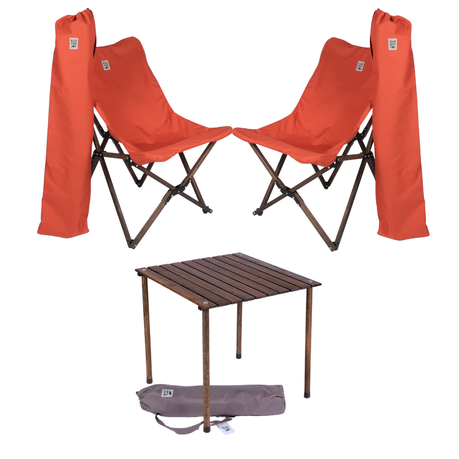 BAG THE JOY Ahşap 60x60x55 Antrasit Katlanır Çantalı Kamp Masa Sandalye Seti Kiremit