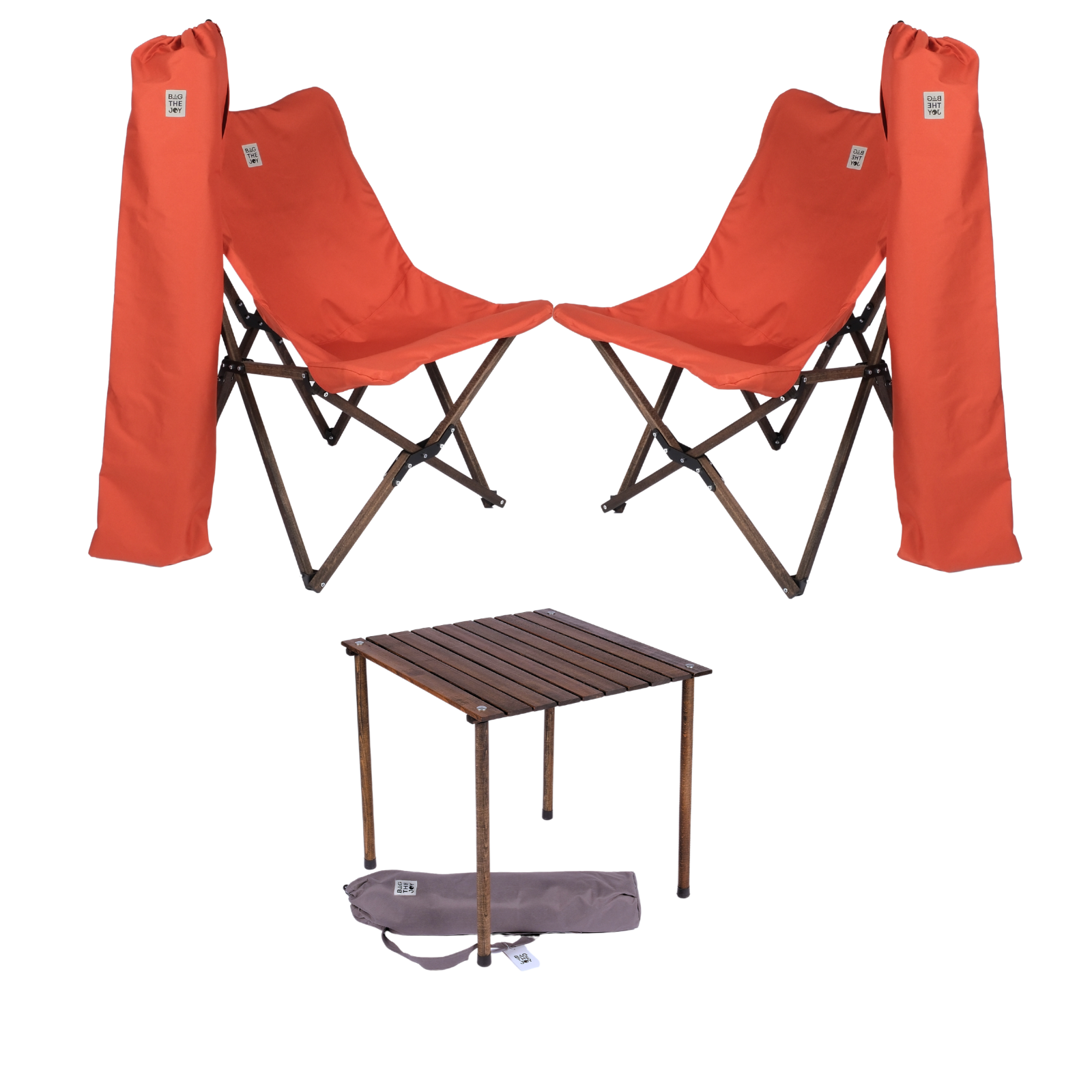 BAG THE JOY Ahşap 50x50x50 Antrasit Katlanır Çantalı Kamp Masa Sandalye Seti Kiremit