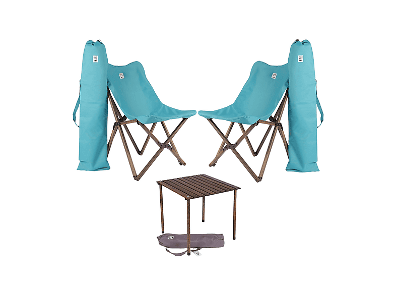 BAG THE JOY Ahşap 50x50x50 Antrasit Katlanır Çantalı Kamp Masa Sandalye Seti Turkuaz