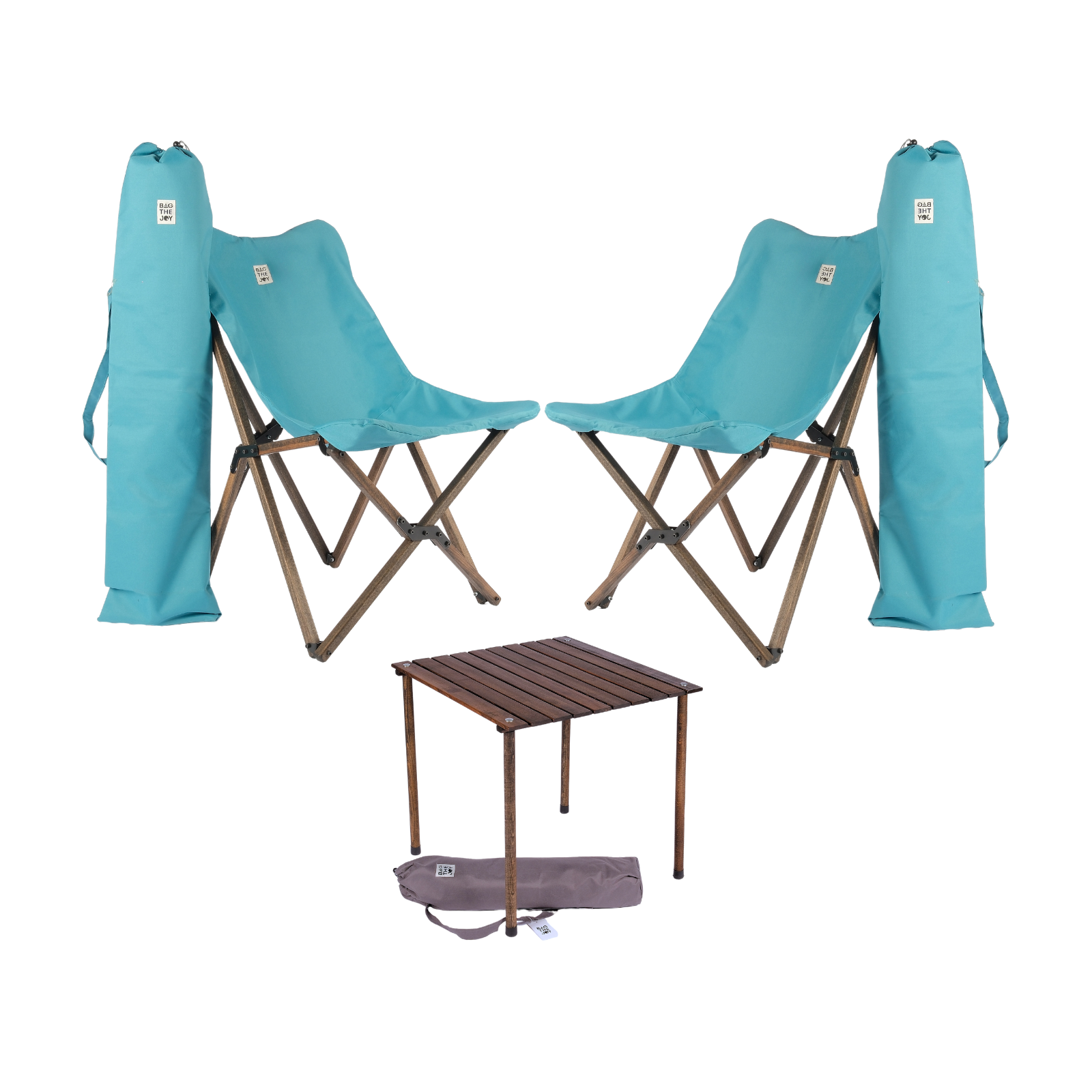 BAG THE JOY Ahşap 50x50x50 Antrasit Katlanır Çantalı Kamp Masa Sandalye Seti Turkuaz