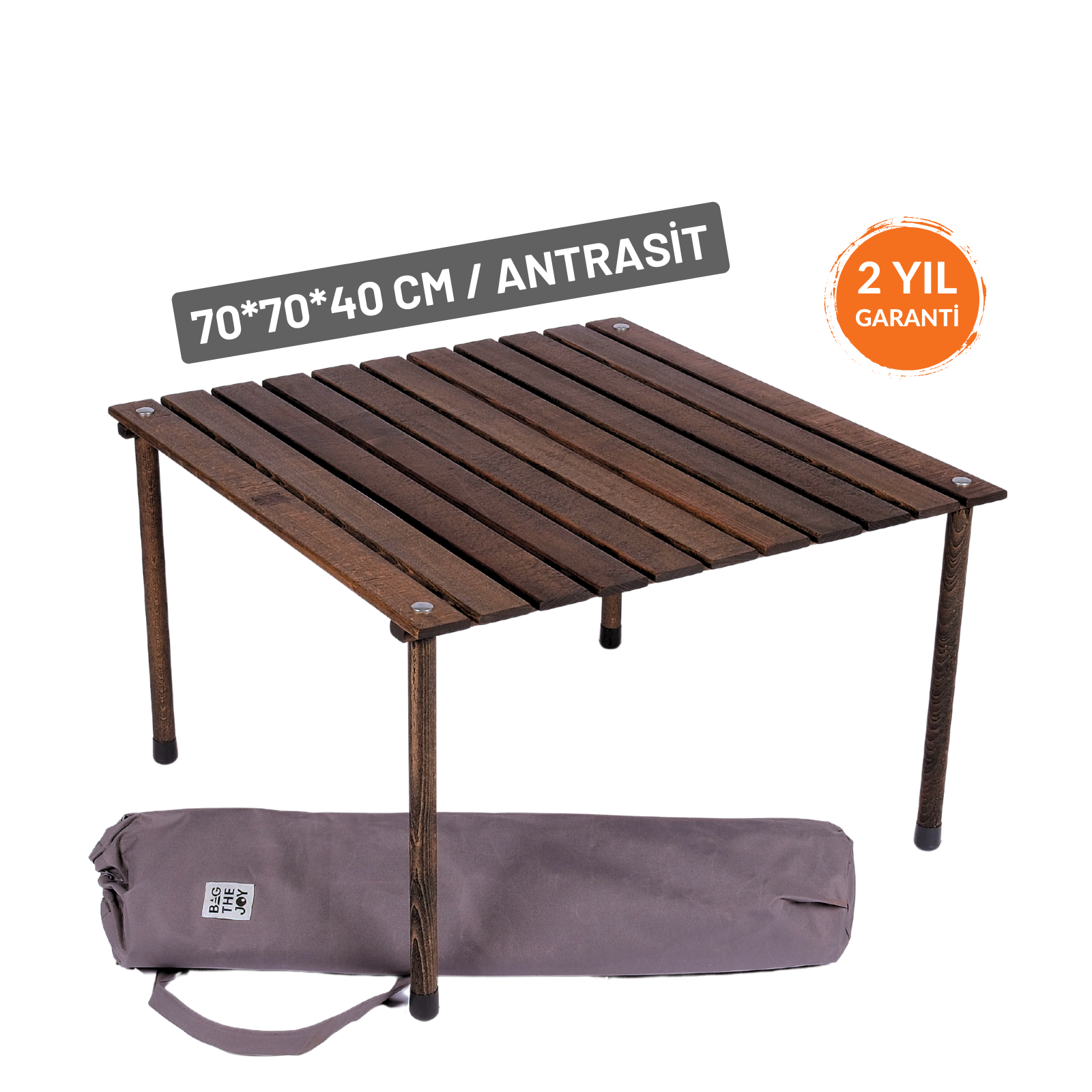 Koyu kahverengi üst ve bacakları olan ahşap masa, altında gri taşıma çantası. Üstte metin: 70*70*40 cm/Antrasit. Turuncu daire: 2 yıl garanti.