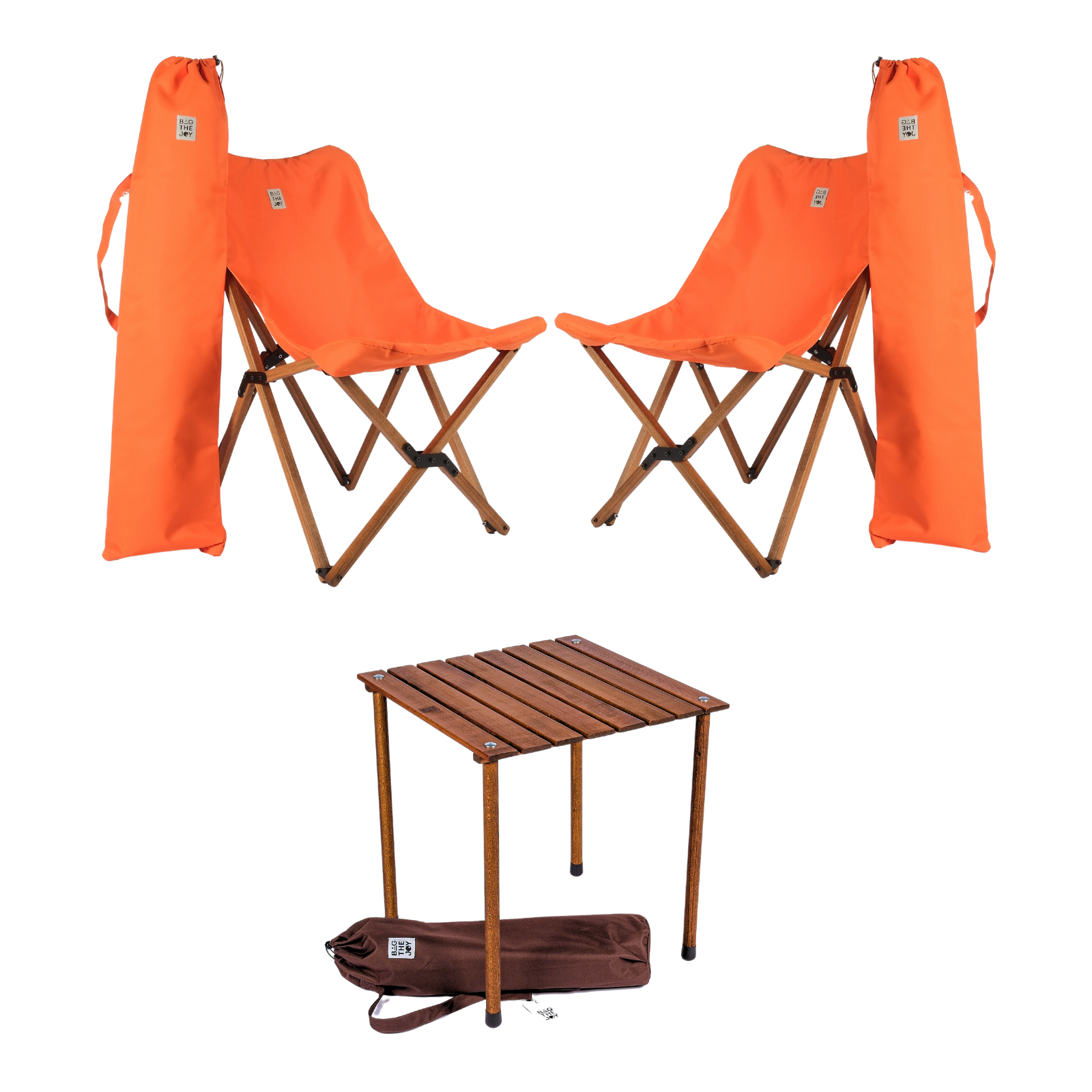 BAG THE JOY Ahşap 50x50x50 Kahverengi Katlanır Çantalı Kamp Masa Sandalye Seti Turuncu