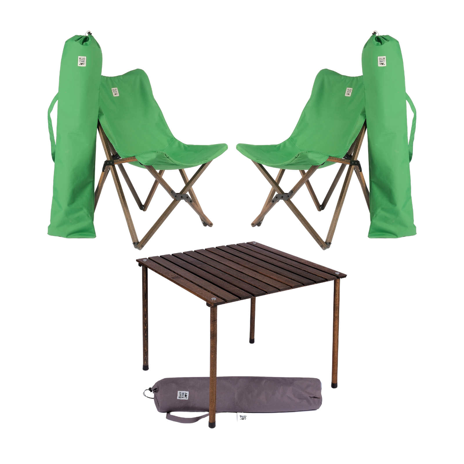 BAG THE JOY Ahşap 70x70x55 Antrasit Katlanır Çantalı Kamp Masa Sandalye Seti Yeşil
