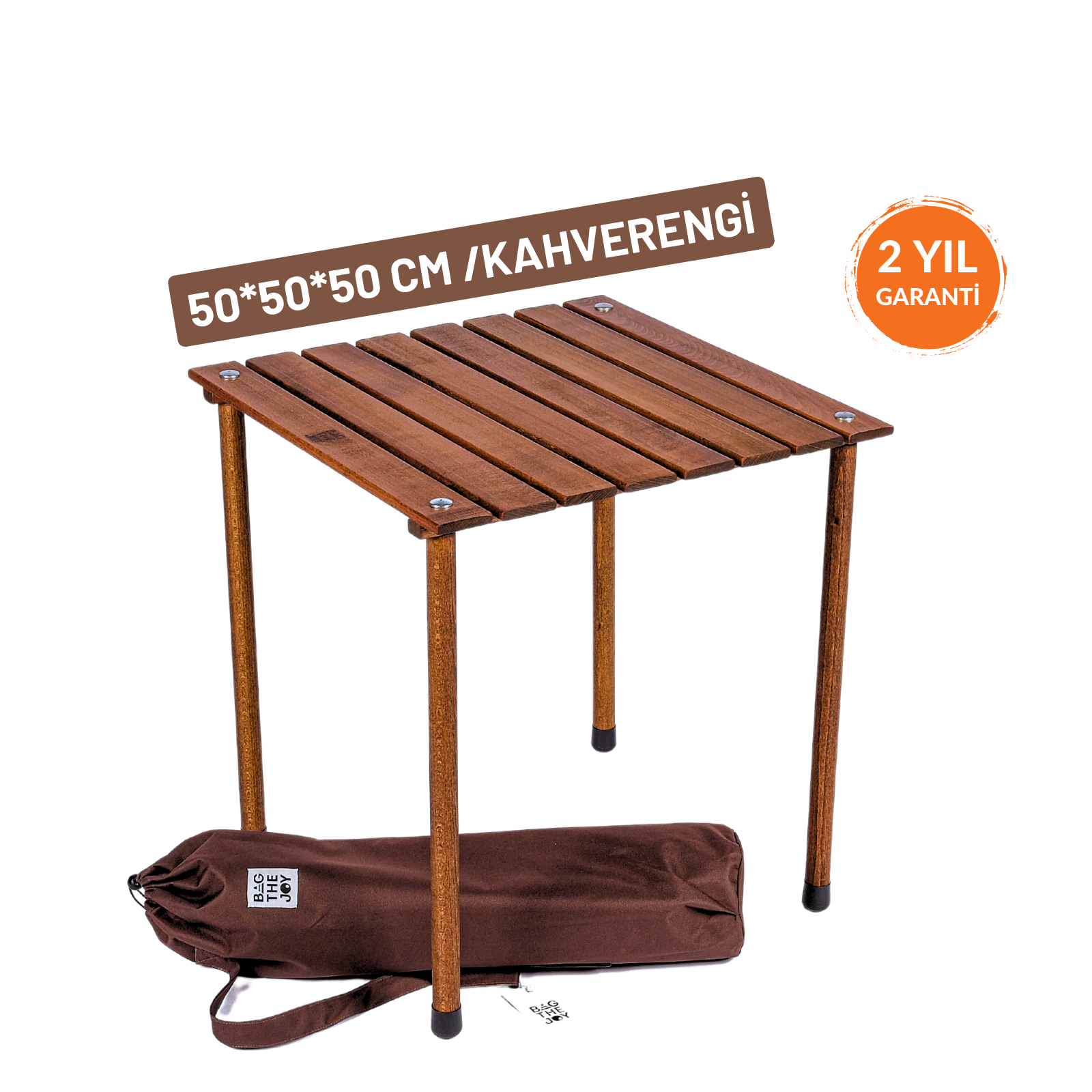 Eşleşen taşıma çantasıyla küçük kahverengi ahşap bir masa. Masanın 2 yıl garantisi vardır.