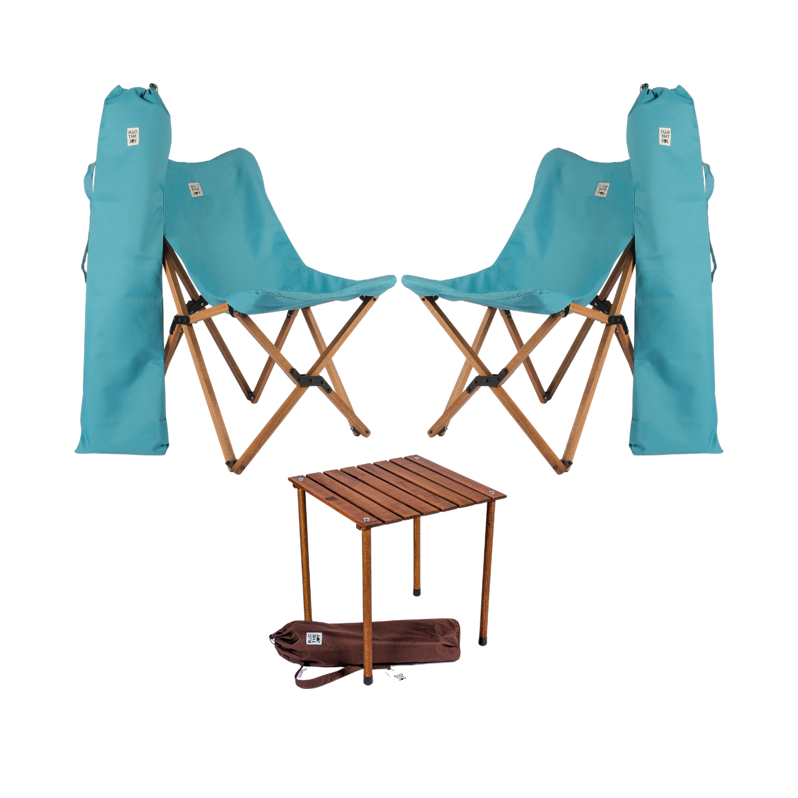 BAG THE JOY Ahşap 50x50x50 Kahverengi Katlanır Çantalı Kamp Masa Sandalye Seti Turkuaz