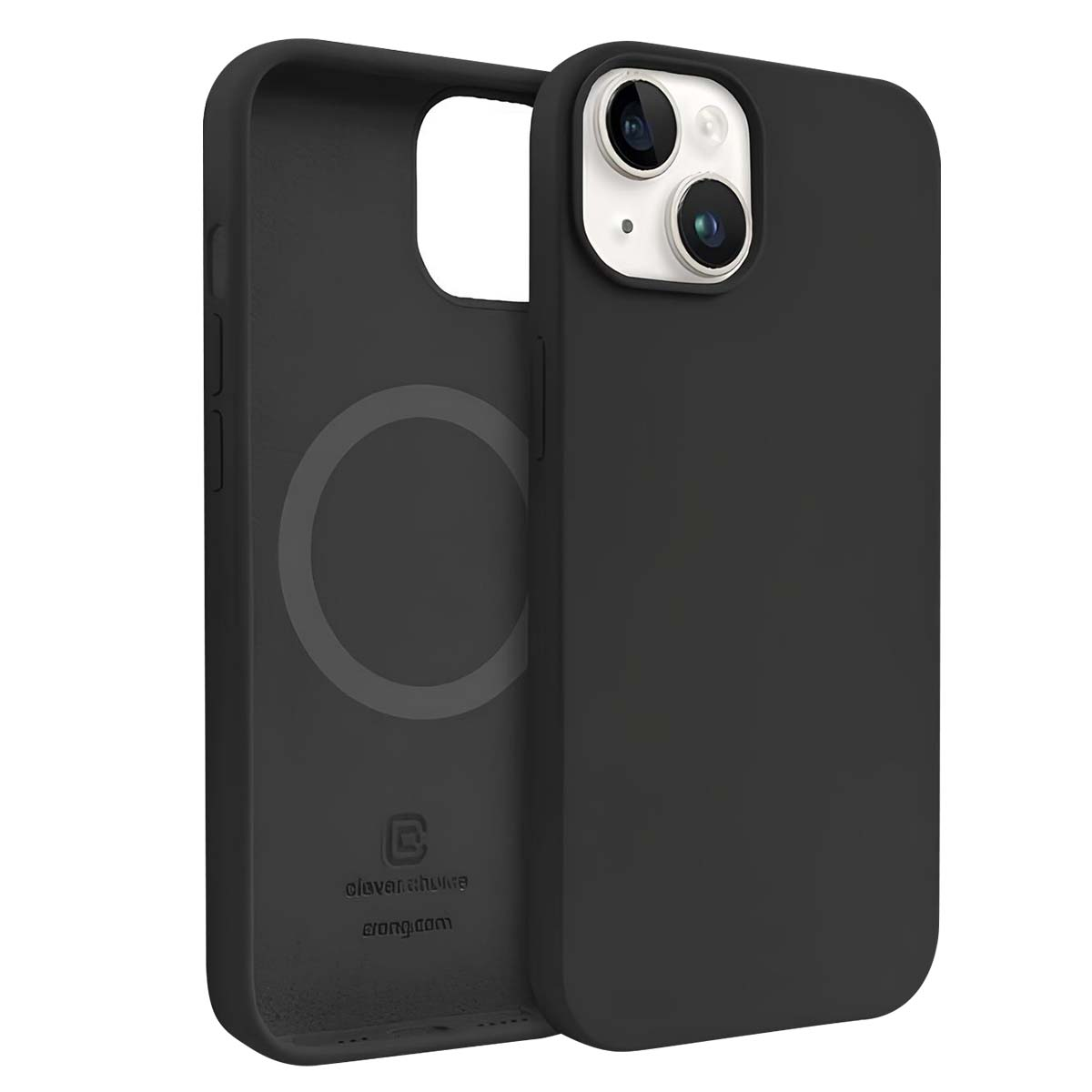 Custodia nera per iPhone con telefono all'interno. La custodia ha un logo e un marchio circolare. Il telefono ha fotocamere.