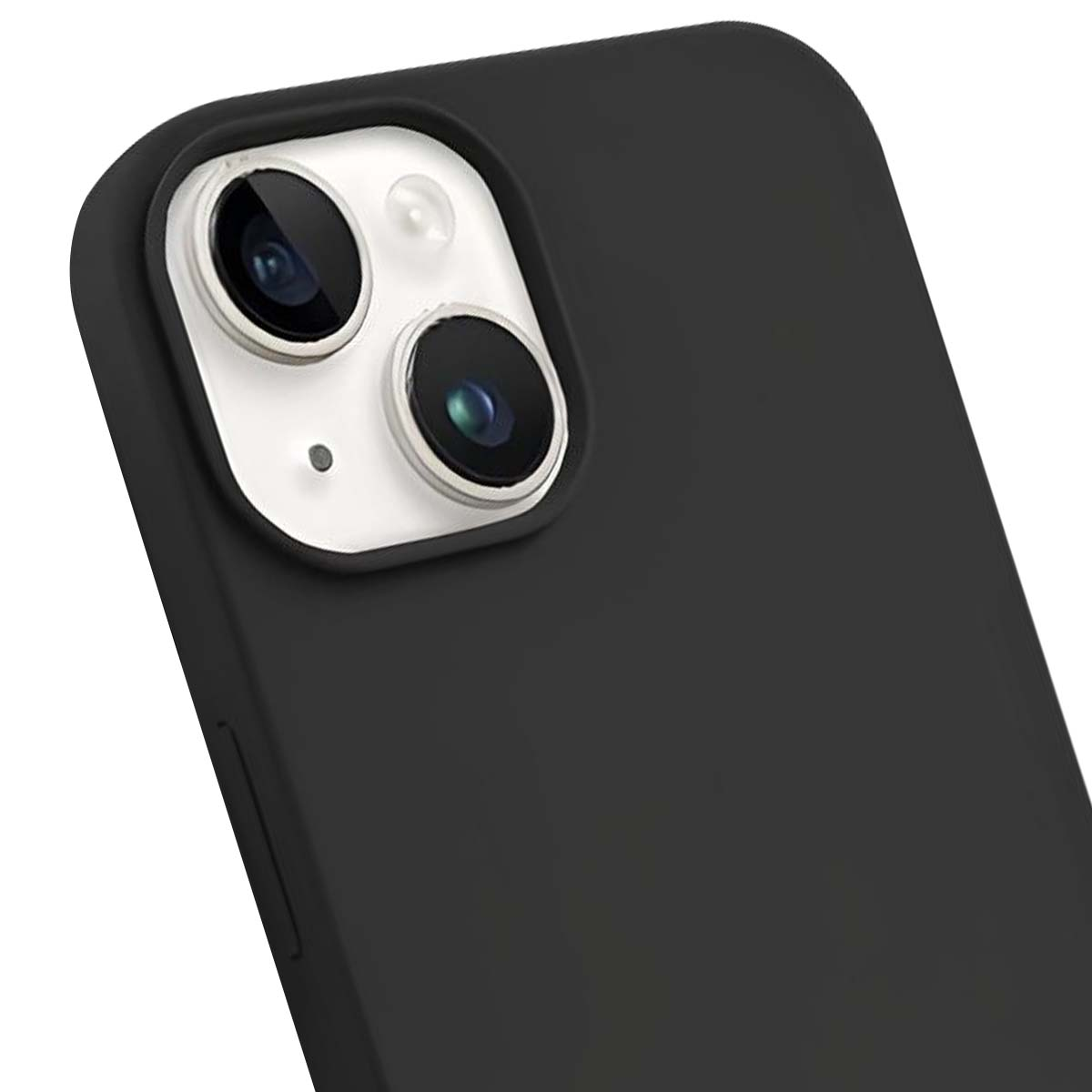 Primo piano di una custodia nera per telefono con modulo fotocamera. Il modulo ha due lenti e un flash su base bianca.