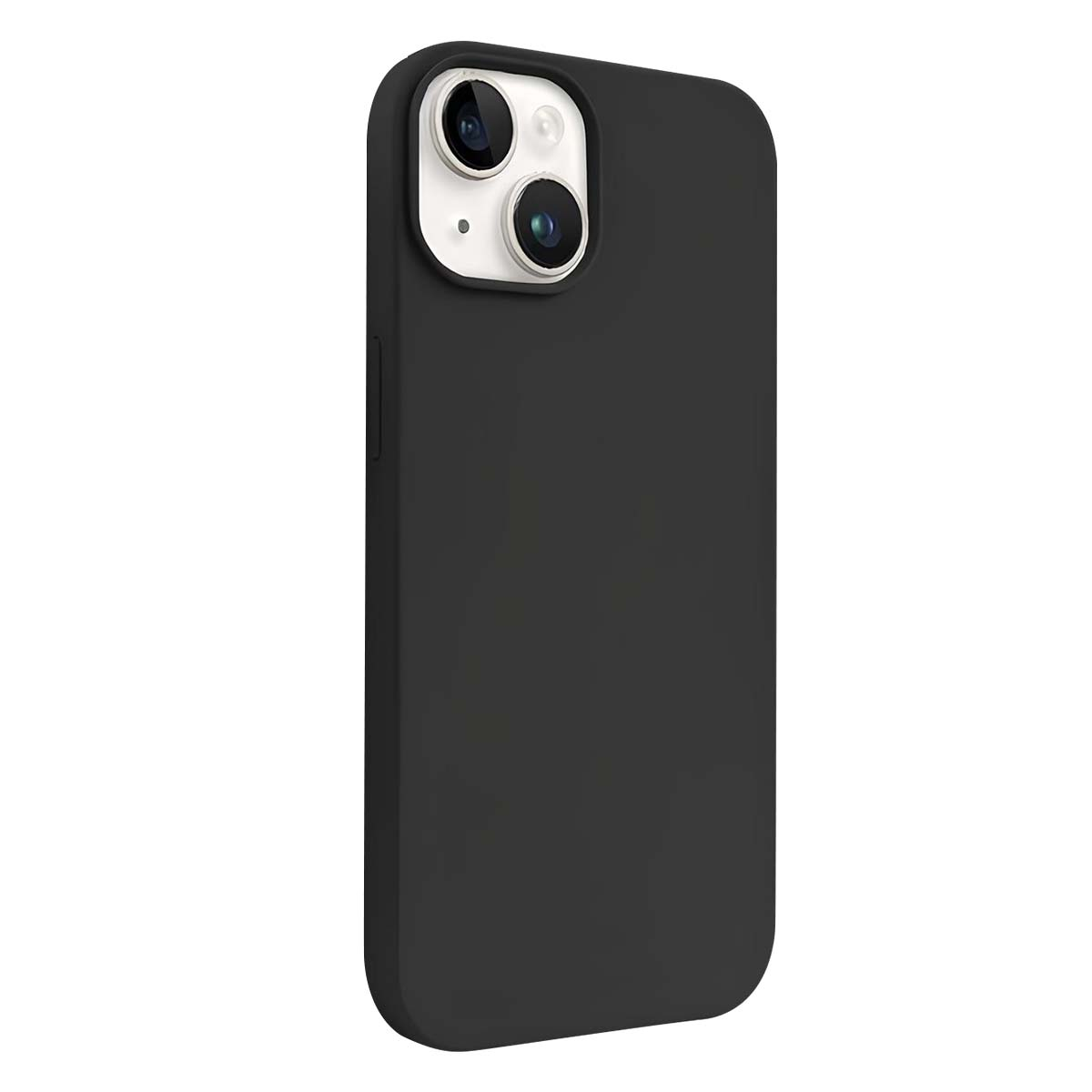 Custodia nera per telefono con lenti della fotocamera. La custodia è liscia e opaca. Le lenti sono in un alloggiamento bianco. Lo sfondo è bianco.