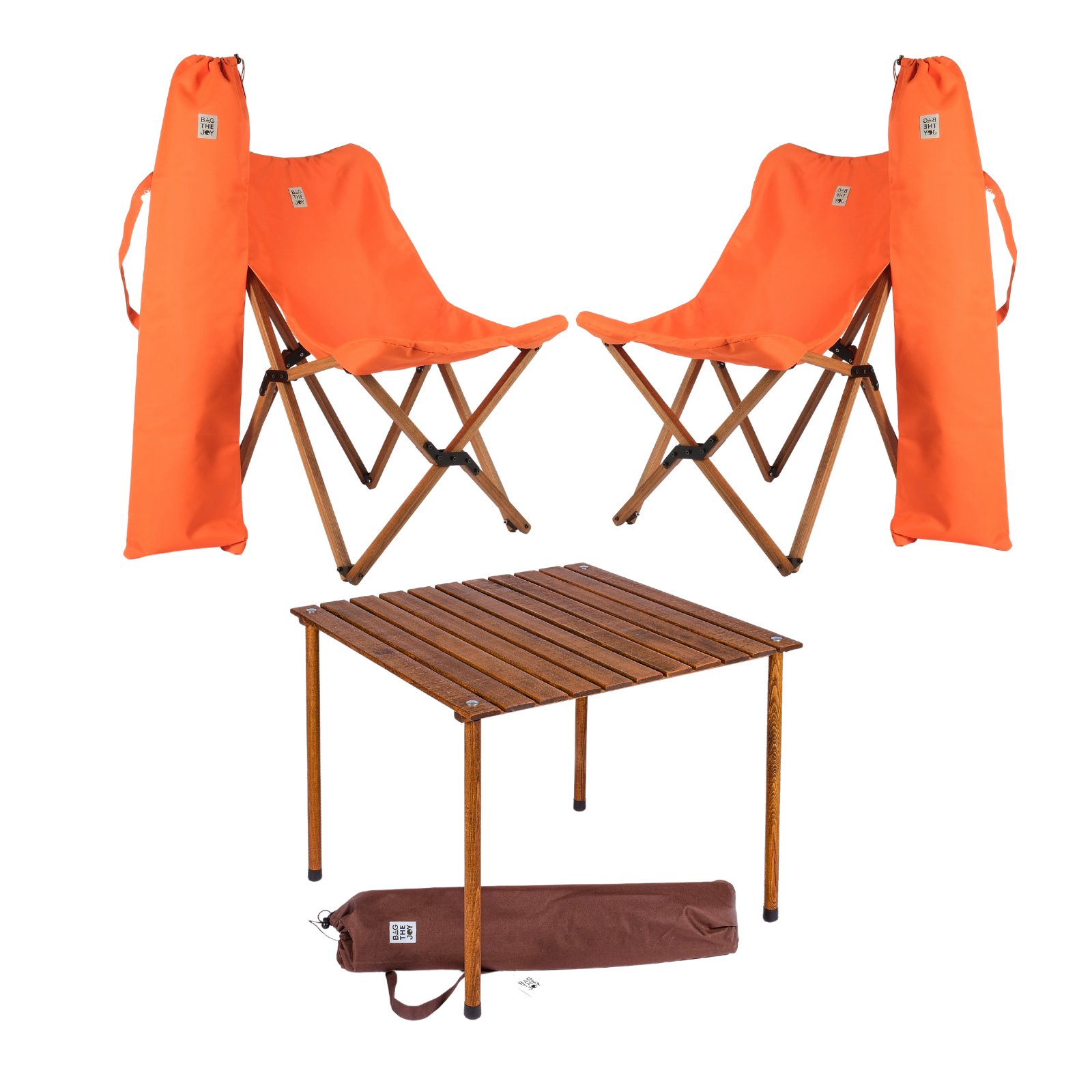 BAG THE JOY Ahşap 70x70x55 Kahverengi Katlanır Çantalı Kamp Masa Sandalye Seti Turuncu
