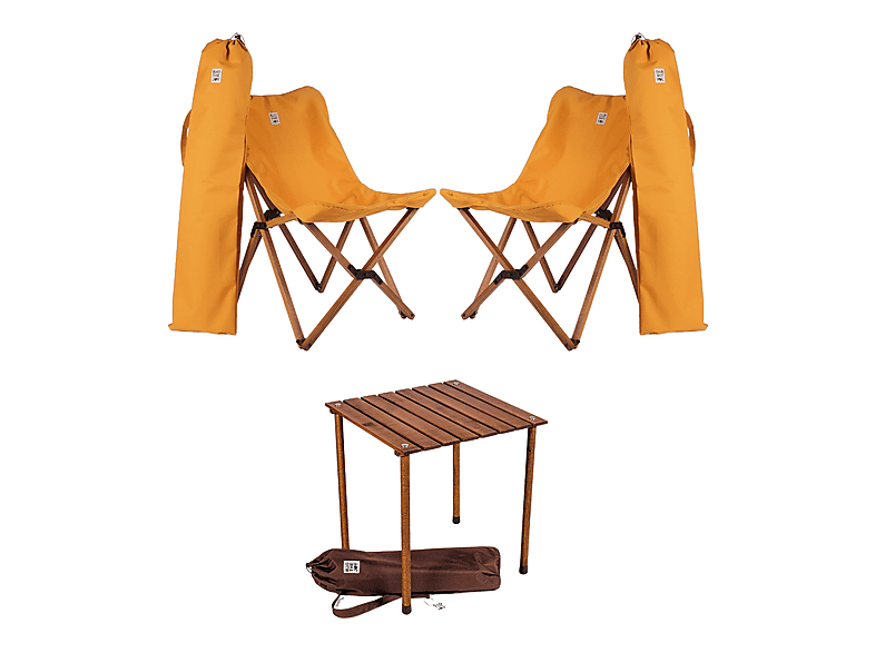 BAG THE JOY Ahşap 50x50x50 Kahverengi Katlanır Çantalı Kamp Masa Sandalye Seti Hardal