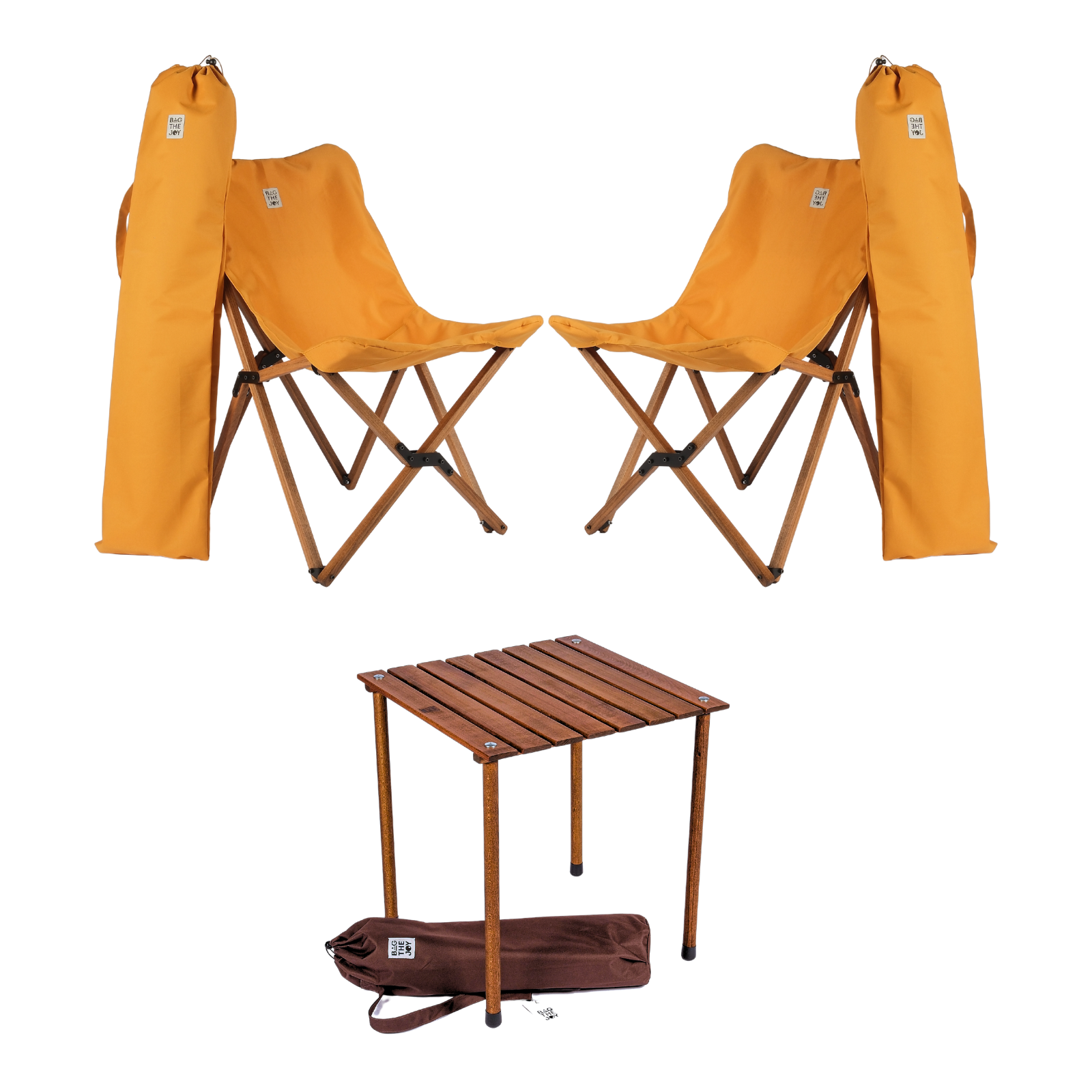 BAG THE JOY Ahşap 50x50x50 Kahverengi Katlanır Çantalı Kamp Masa Sandalye Seti Hardal