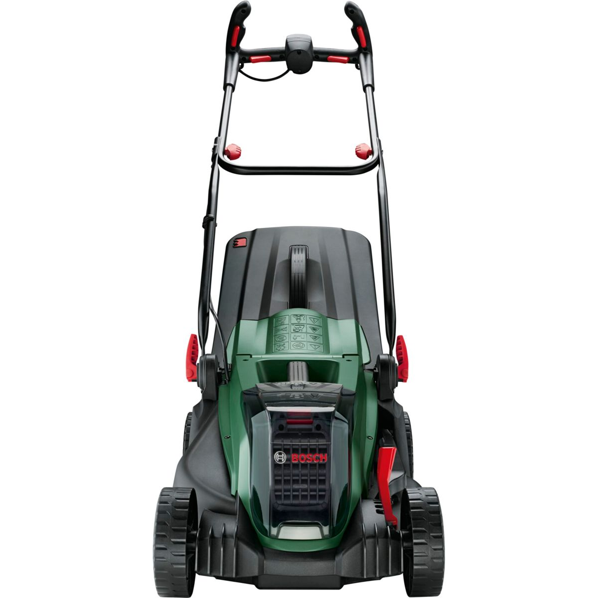 Yeşil ve siyah bir Bosch çim biçme makinesi. Tutma yerlerinde ve kollarda kırmızı detaylar var. Tekerlekleri siyah.