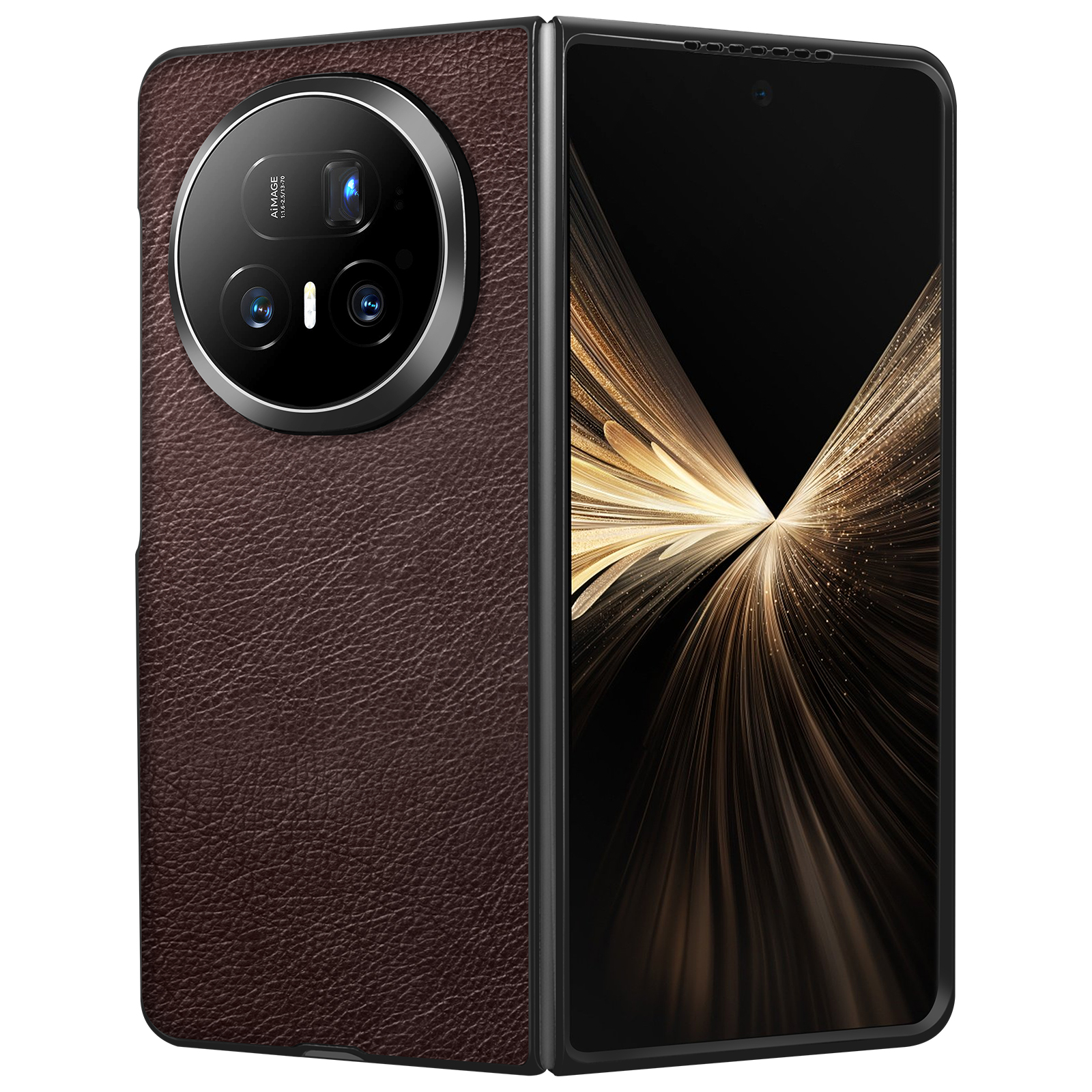 Opvouwbare telefoon met bruine leertextuur, zwart scherm met gouden lichtstrepen en een grote cameramodule.