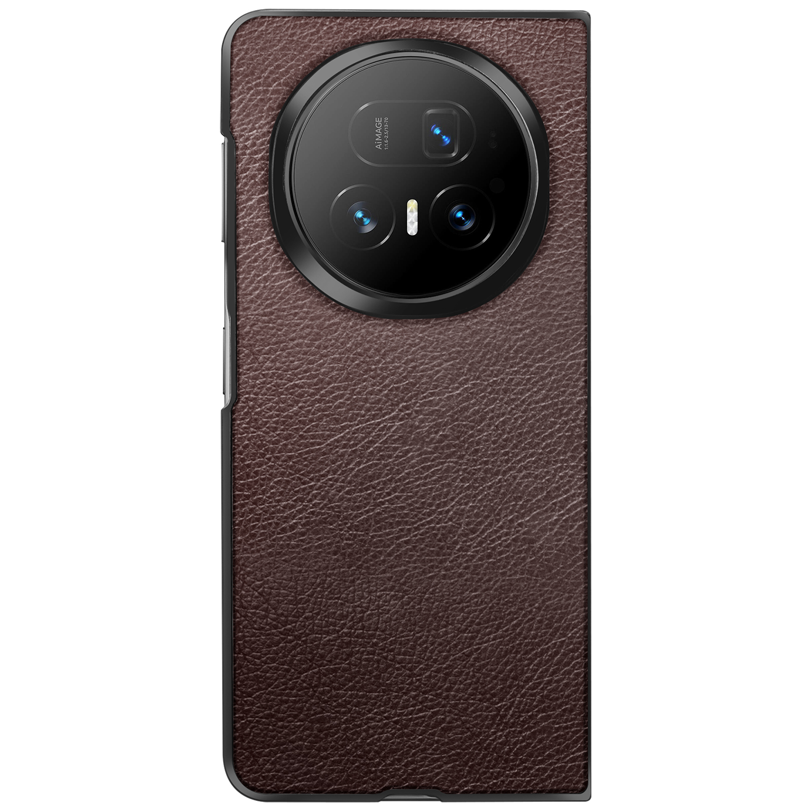 Een bruine leren telefoonhoes met een zwart cameramodule. De hoes heeft een getextureerd oppervlak en een zwart frame.