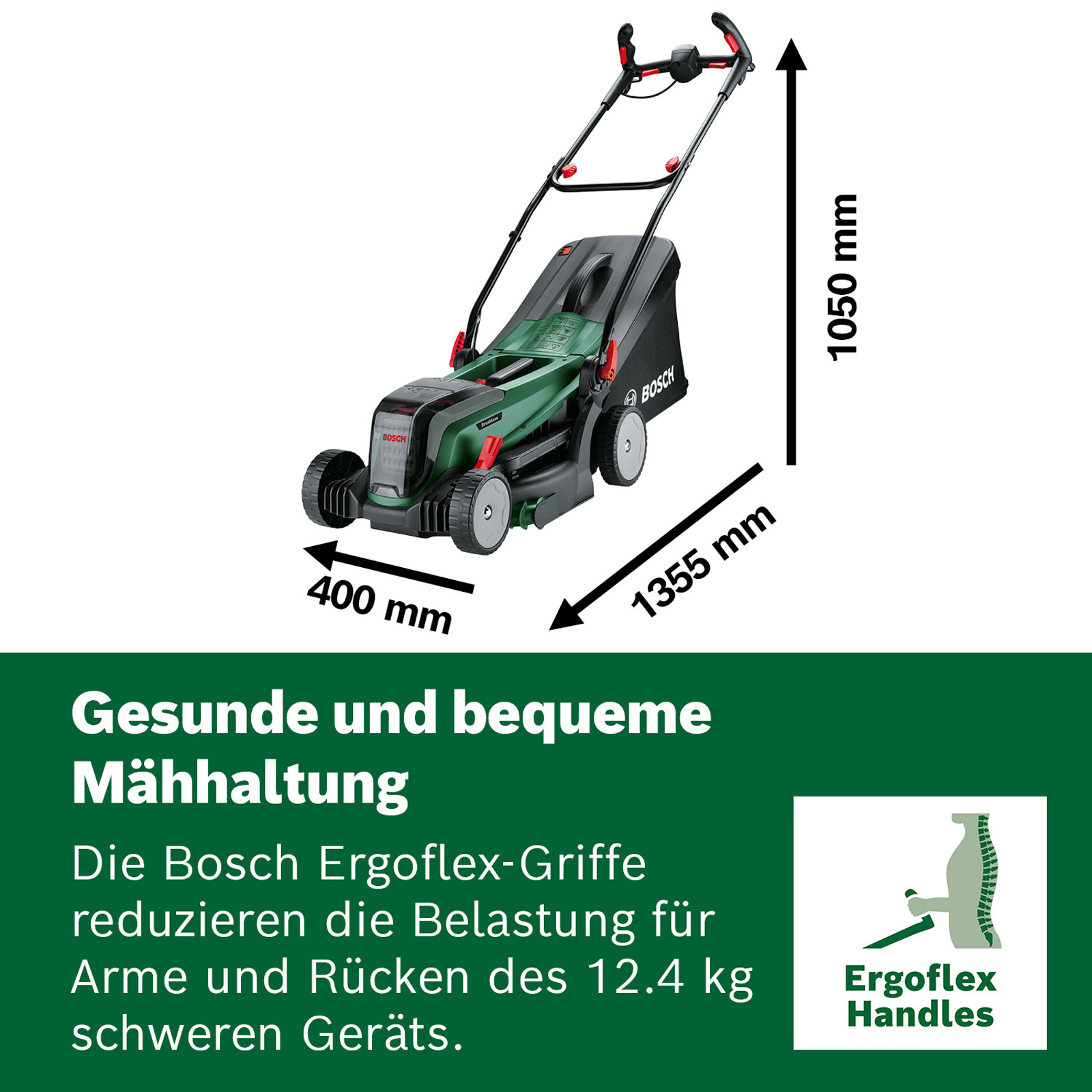 Boyutları belirtilen yeşil ve siyah Bosch çim biçme makinesi. Metin, Ergoflex kulplarını, kol ve sırt gerginliğini azaltmayı anlatır.