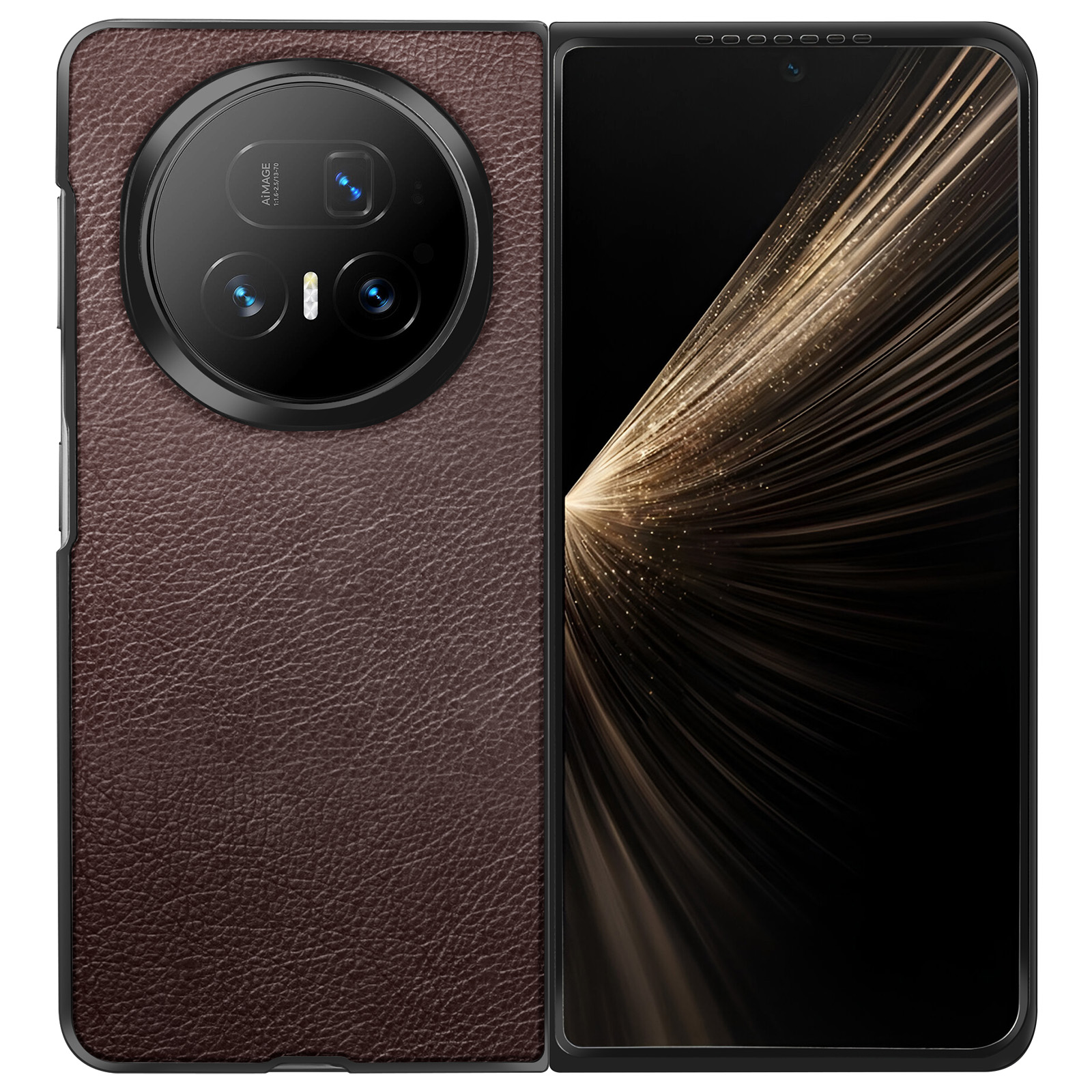 Opvouwbare telefoon, bruine leren hoes, grote cameramodule, zwart scherm met gouden lichtstrepen.