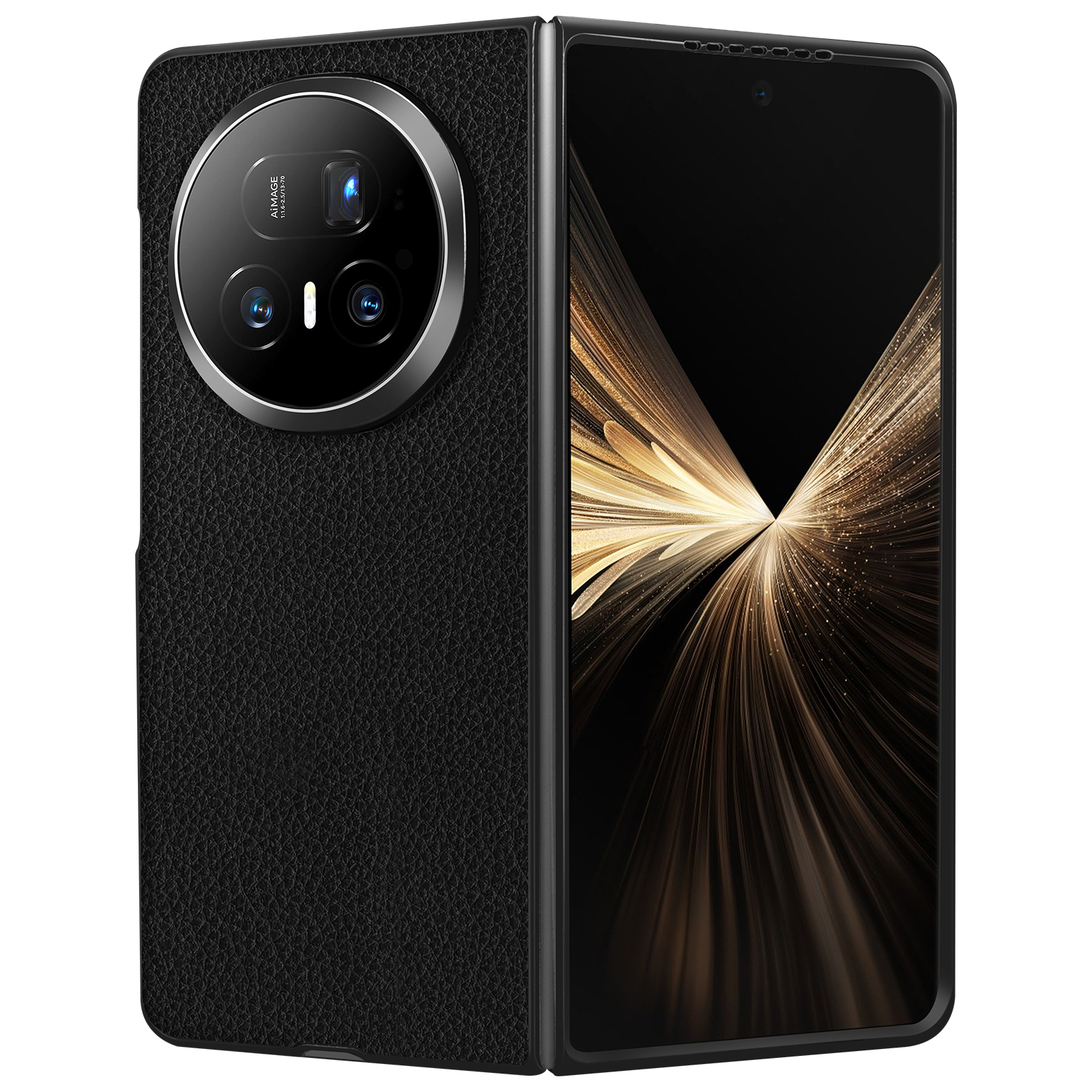 Un téléphone pliable noir avec un grand module caméra. L'écran affiche un motif de lumière dorée.