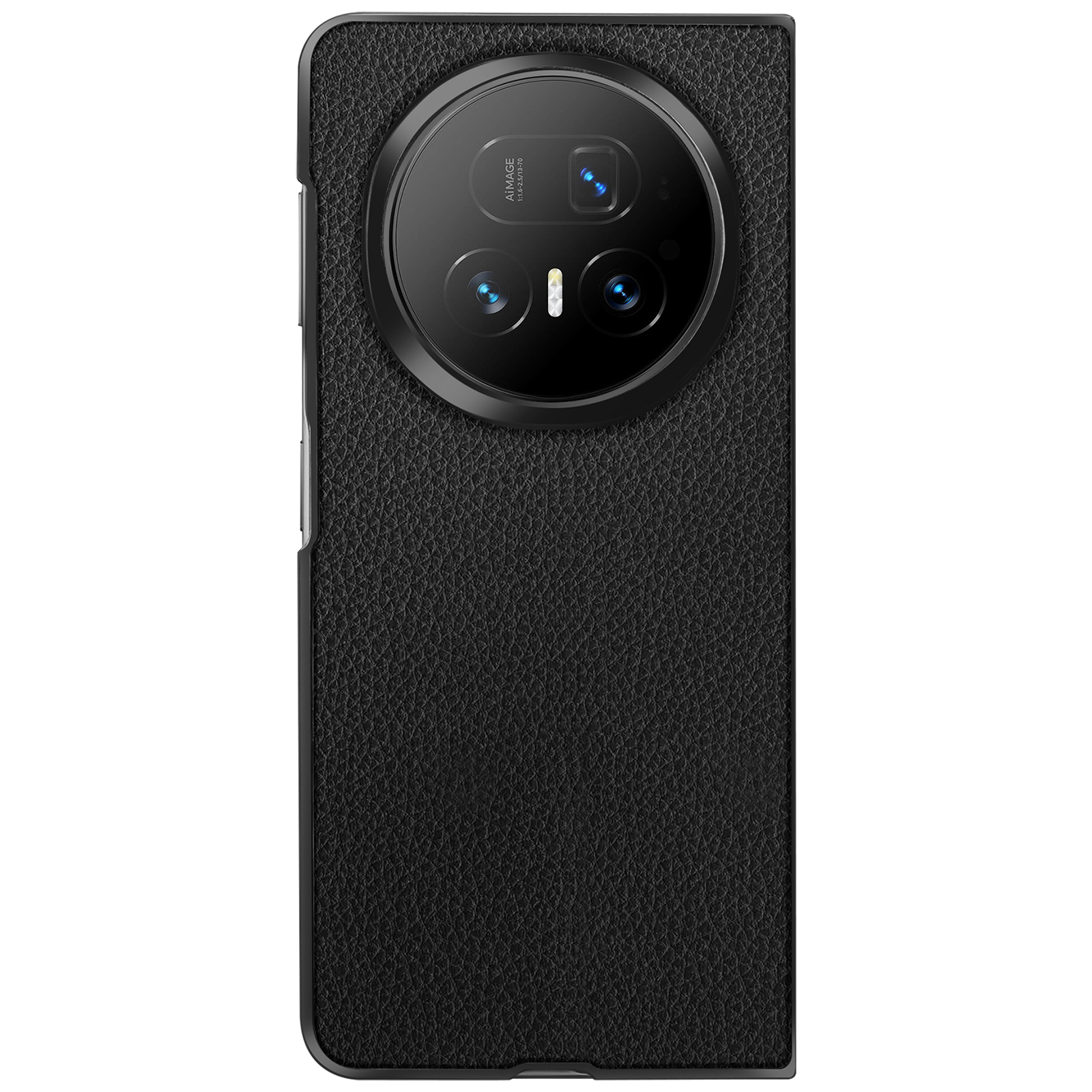 Une coque de téléphone noire avec un grand module caméra. La coque a une surface texturée.