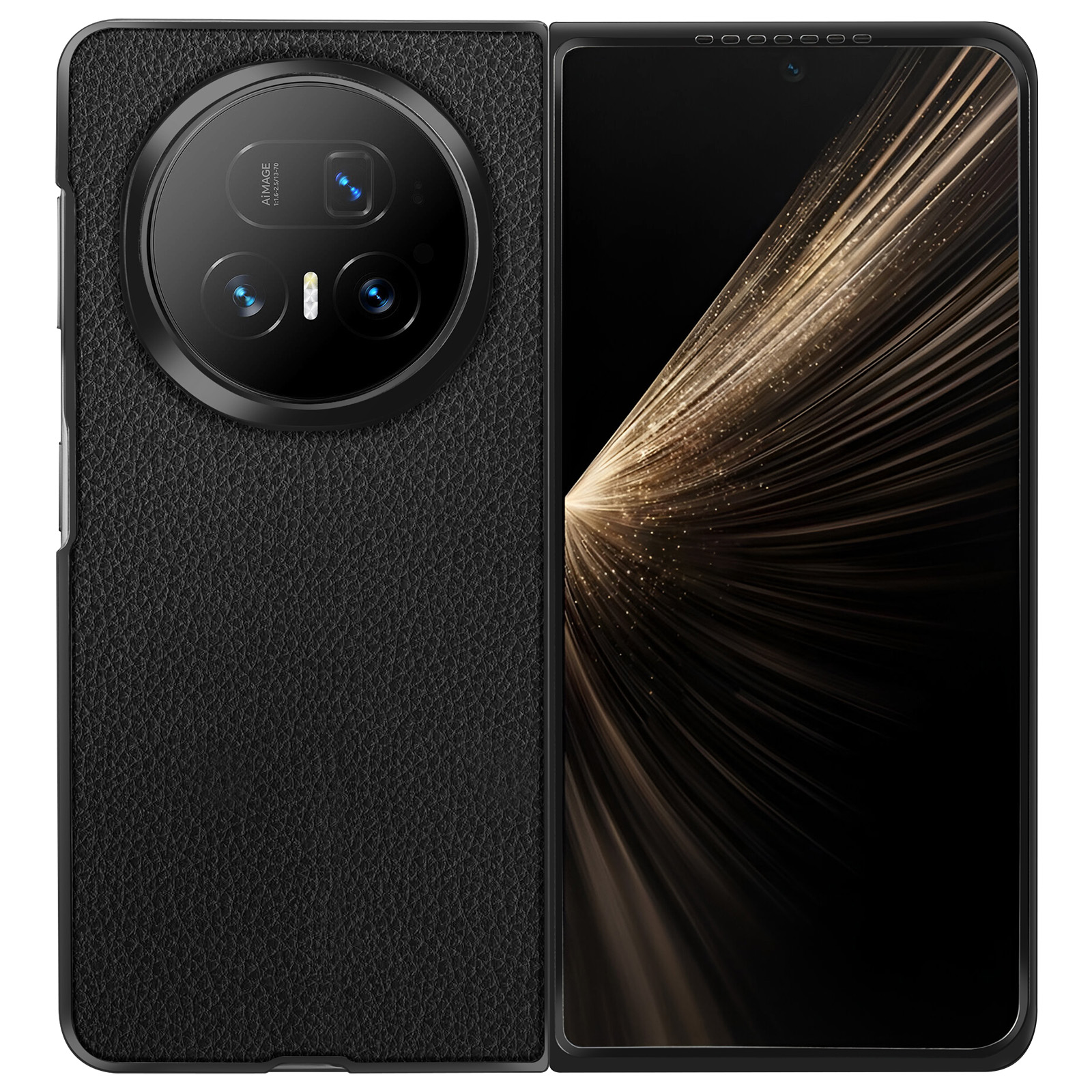 Téléphone pliable noir, fermé à gauche avec cuir texturé, ouvert à droite avec écran noir et lumière dorée.