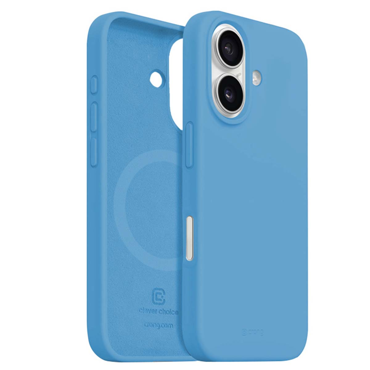 Custodia per telefono blu chiaro in due pezzi. Una parte è aperta, l'altra ha fori per la fotocamera. Marchio e logo visibili all'interno.