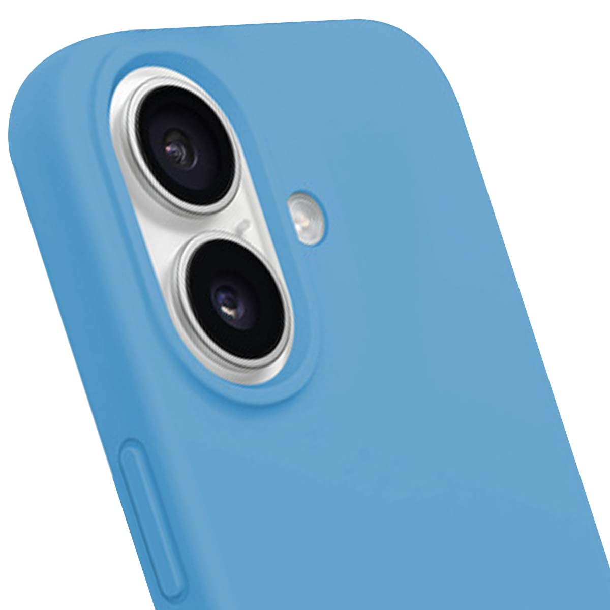 Primo piano di una custodia per telefono azzurra con due obiettivi e un flash. La custodia è curva e liscia.