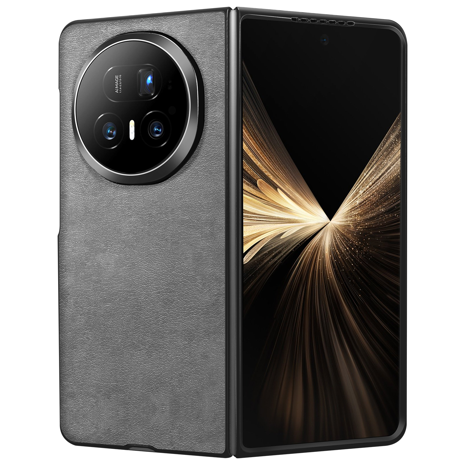 Smartphone pliable, dos gris texturé, écran noir avec rayons dorés, grand module caméra.
