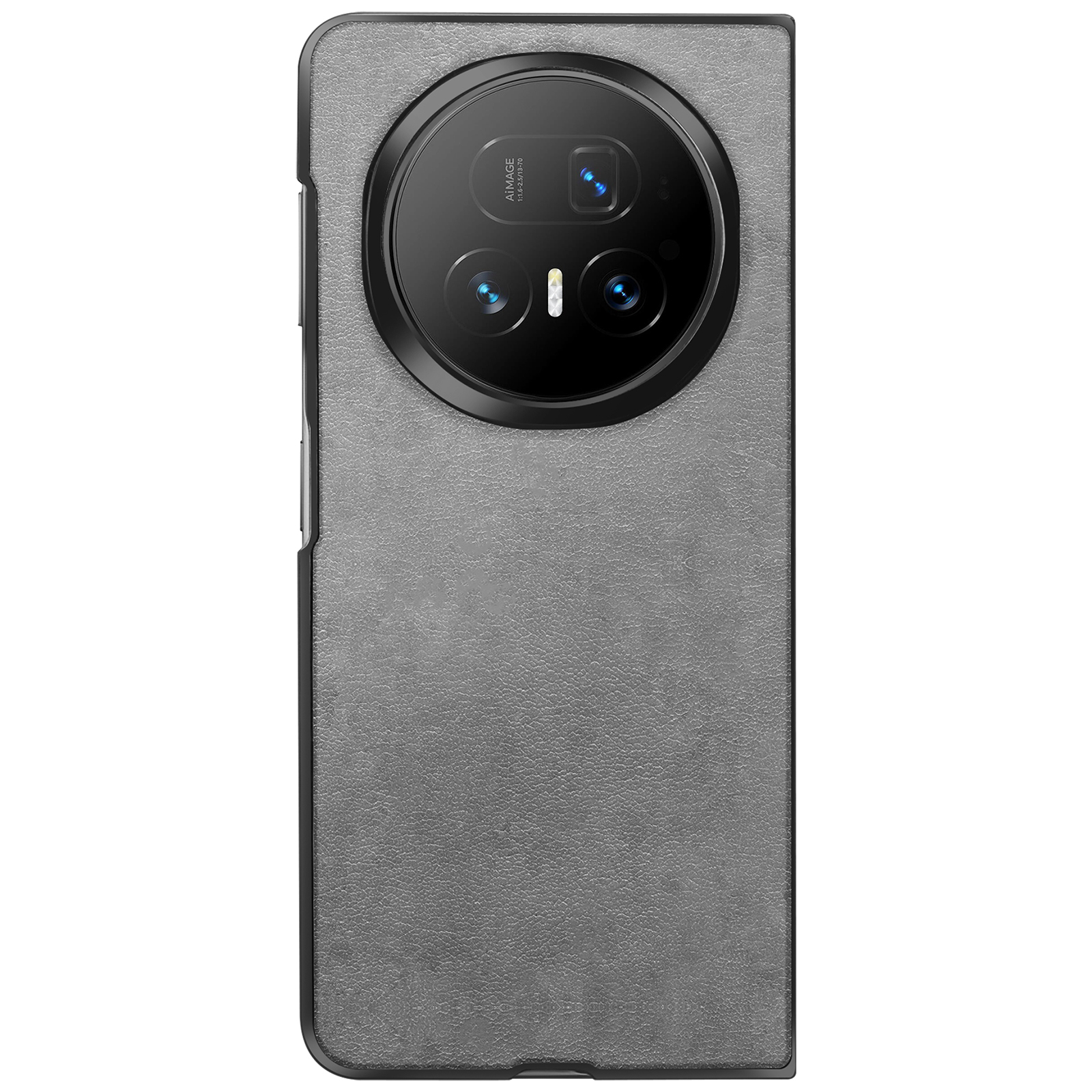 Un smartphone dans un étui gris. Le module photo est proéminent. L'étui a un aspect texturé.