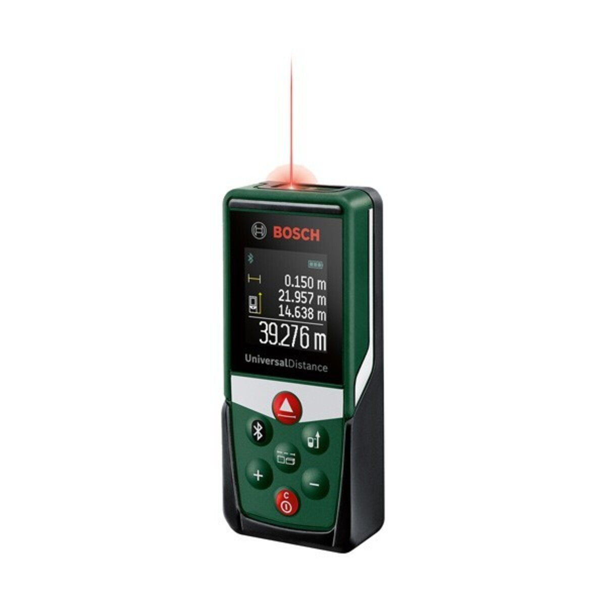Yeşil ve siyah bir Bosch lazer mesafe ölçer. Ölçümleri görüntüler ve düğmeleri vardır. Üstten kırmızı bir lazer ışını yayar.
