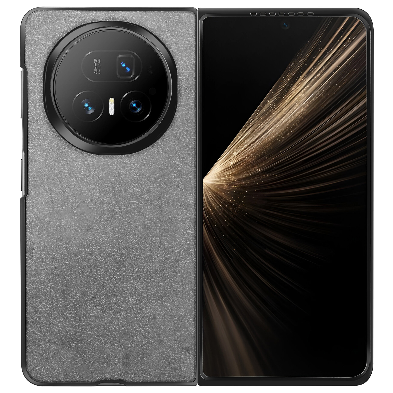 Smartphone pliable, fermé à gauche, ouvert à droite. Le côté gauche montre le module caméra. Le côté droit affiche un motif doré.