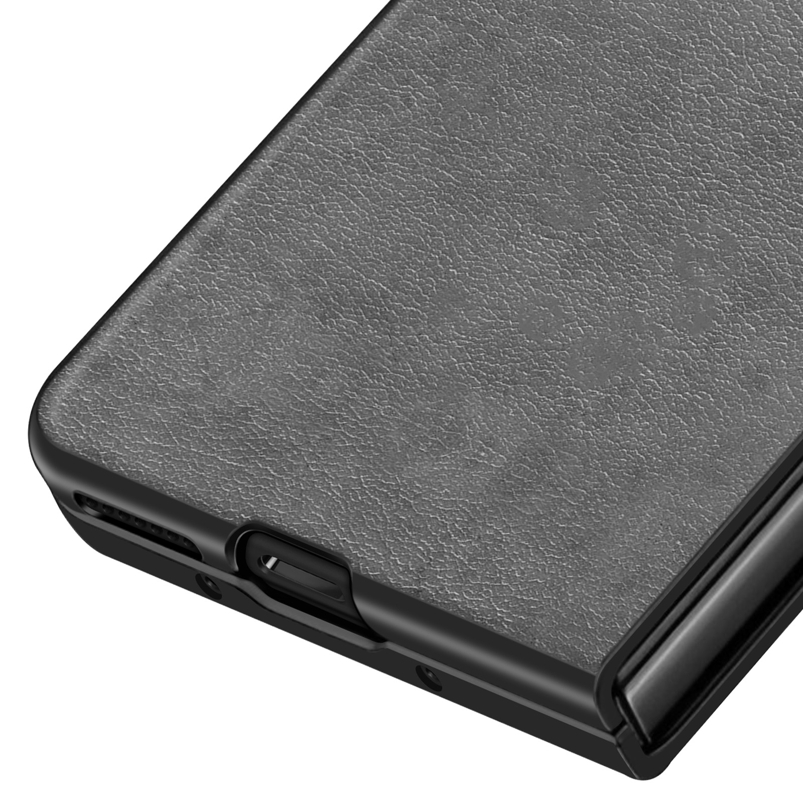 Gros plan sur un étui de téléphone noir. L'étui a une surface texturée. Le fond est blanc.