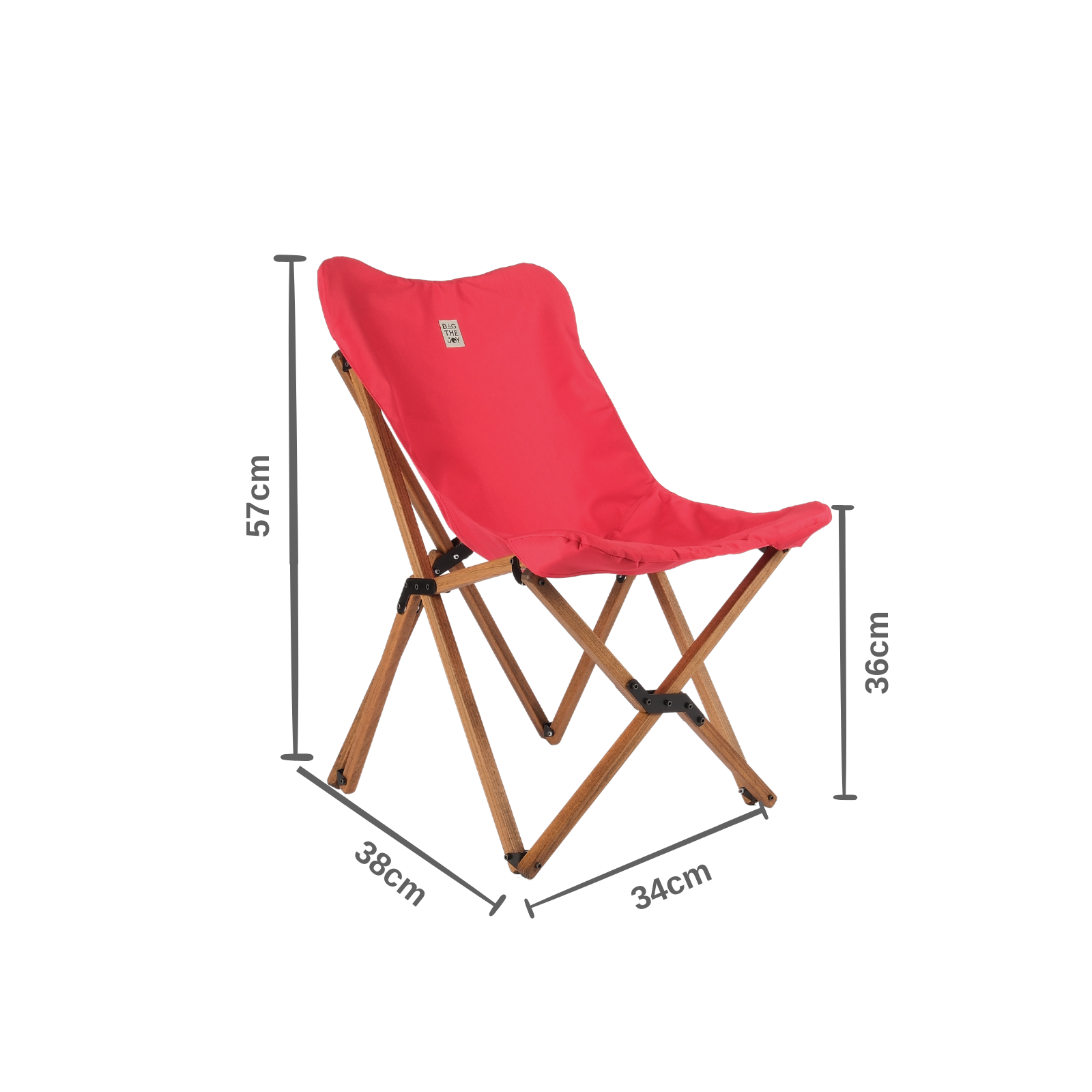Ahşap bacaklı, kırmızı katlanır sandalye. Boyutlar: 57 cm yüksekliğinde, 38 cm genişliğinde ve 34 cm derinliğinde.