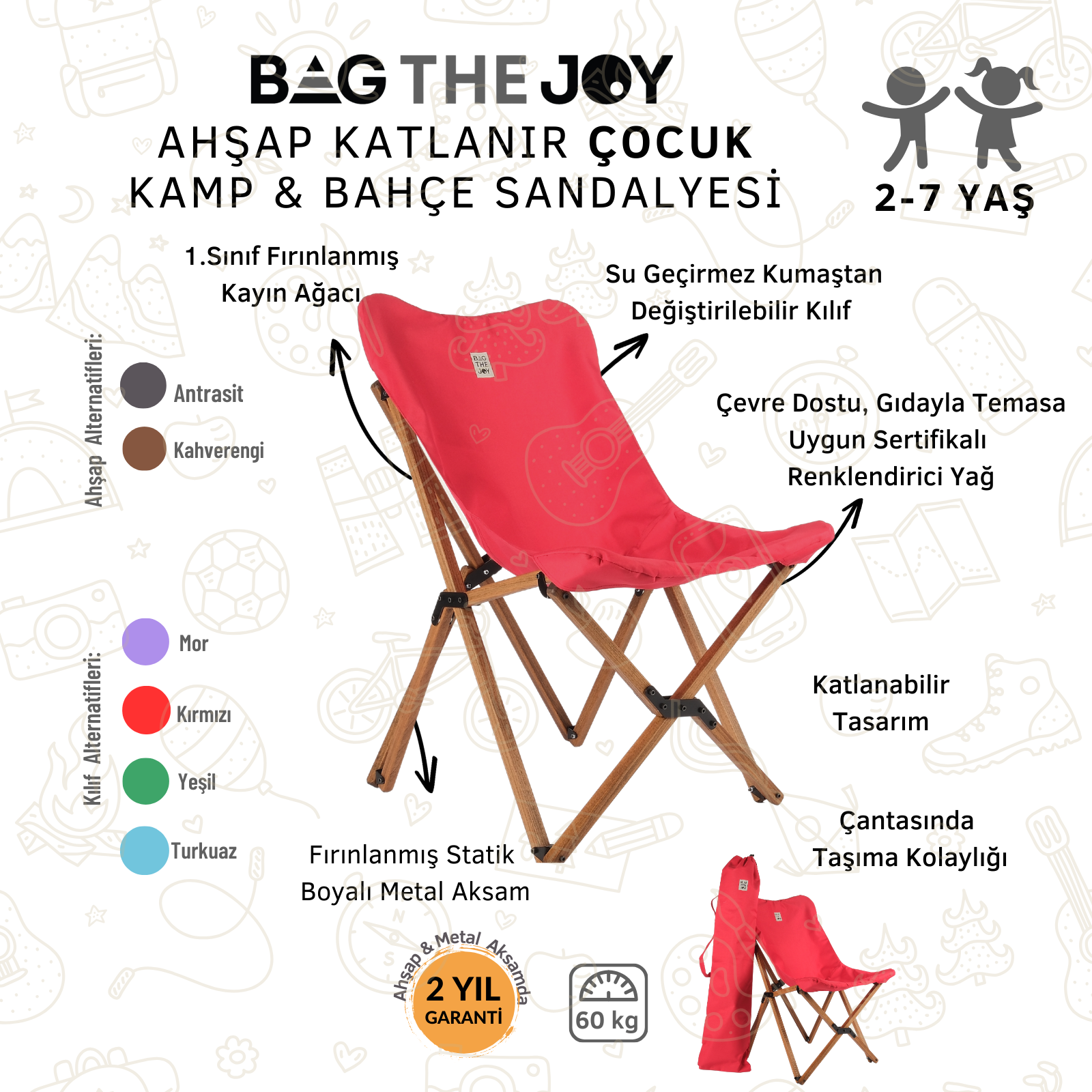 Kırmızı katlanır çocuk kamp sandalyesi, ahşap çerçeveli. Taşıma çantası içerir ve 2-7 yaş için tasarlanmıştır.