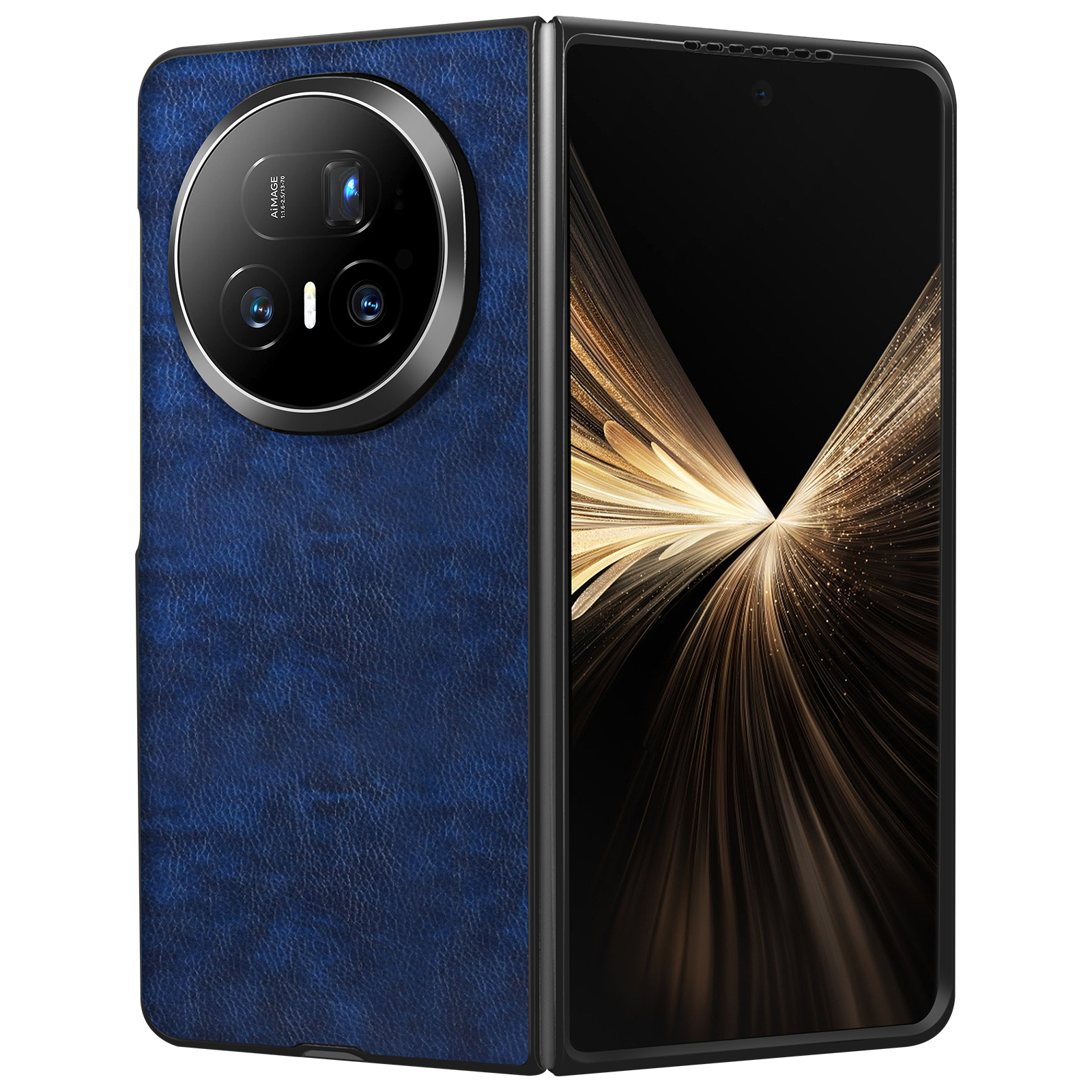 Een blauwe telefoonhoes met een grote cameramodule en een zwart scherm met een gouden lichtuitbarsting.
