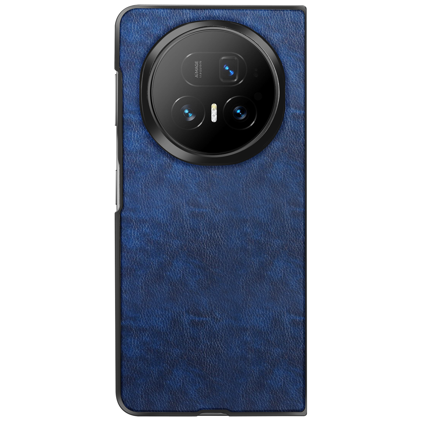 Een blauwe leren telefoonhoes met een grote cameramodule. De module heeft meerdere lenzen en de woorden 'AI IMAGE'.