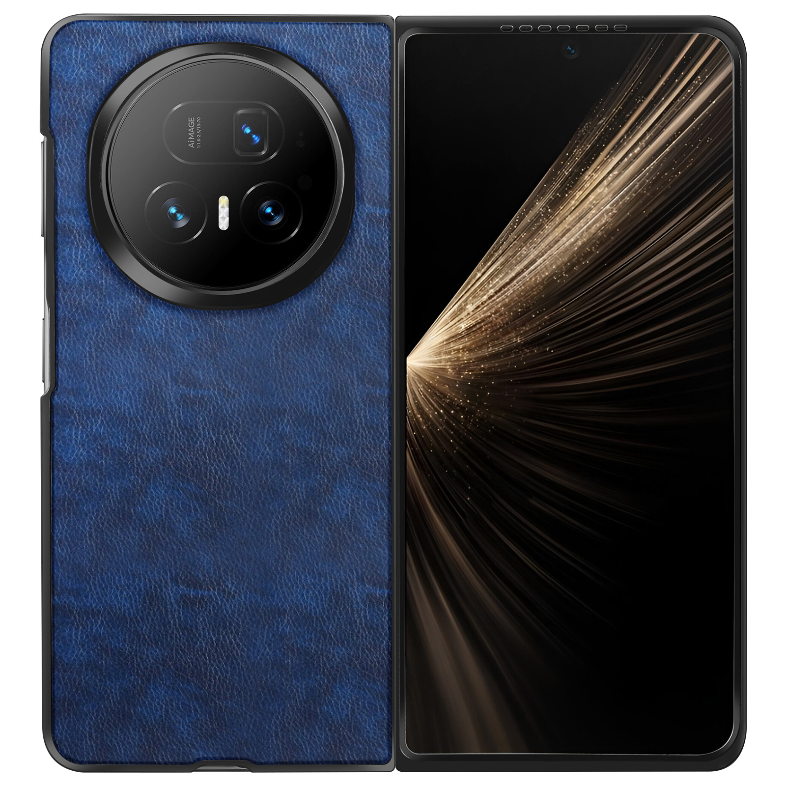 Opvouwbare smartphone met blauwe lederlook achterkant en grote ronde cameramodule. Het scherm is open en toont een gouden lichteffect.