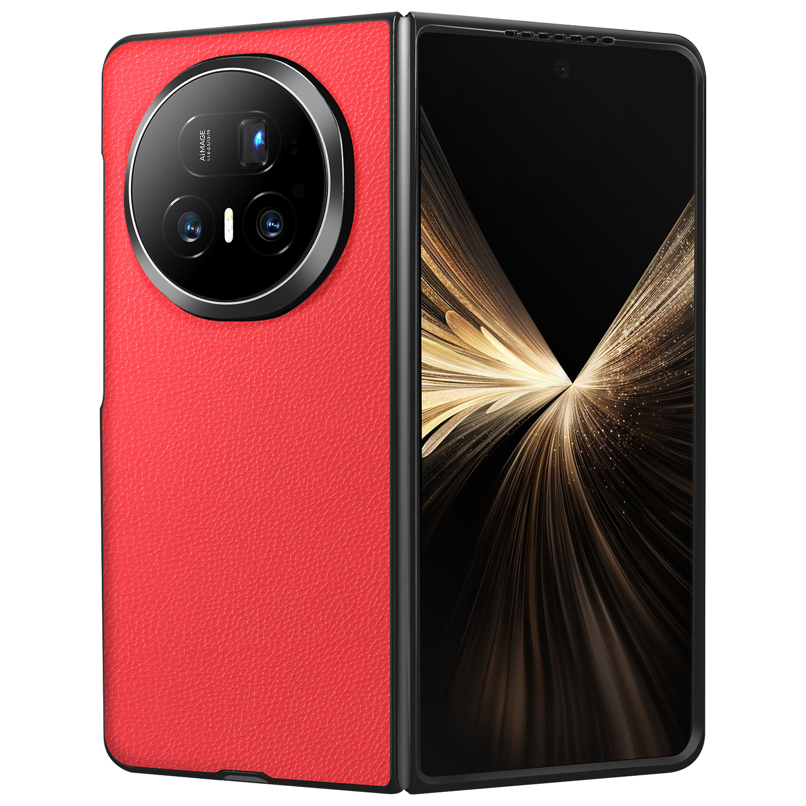 Un téléphone pliable rouge avec un module caméra. L'écran affiche un motif abstrait doré.