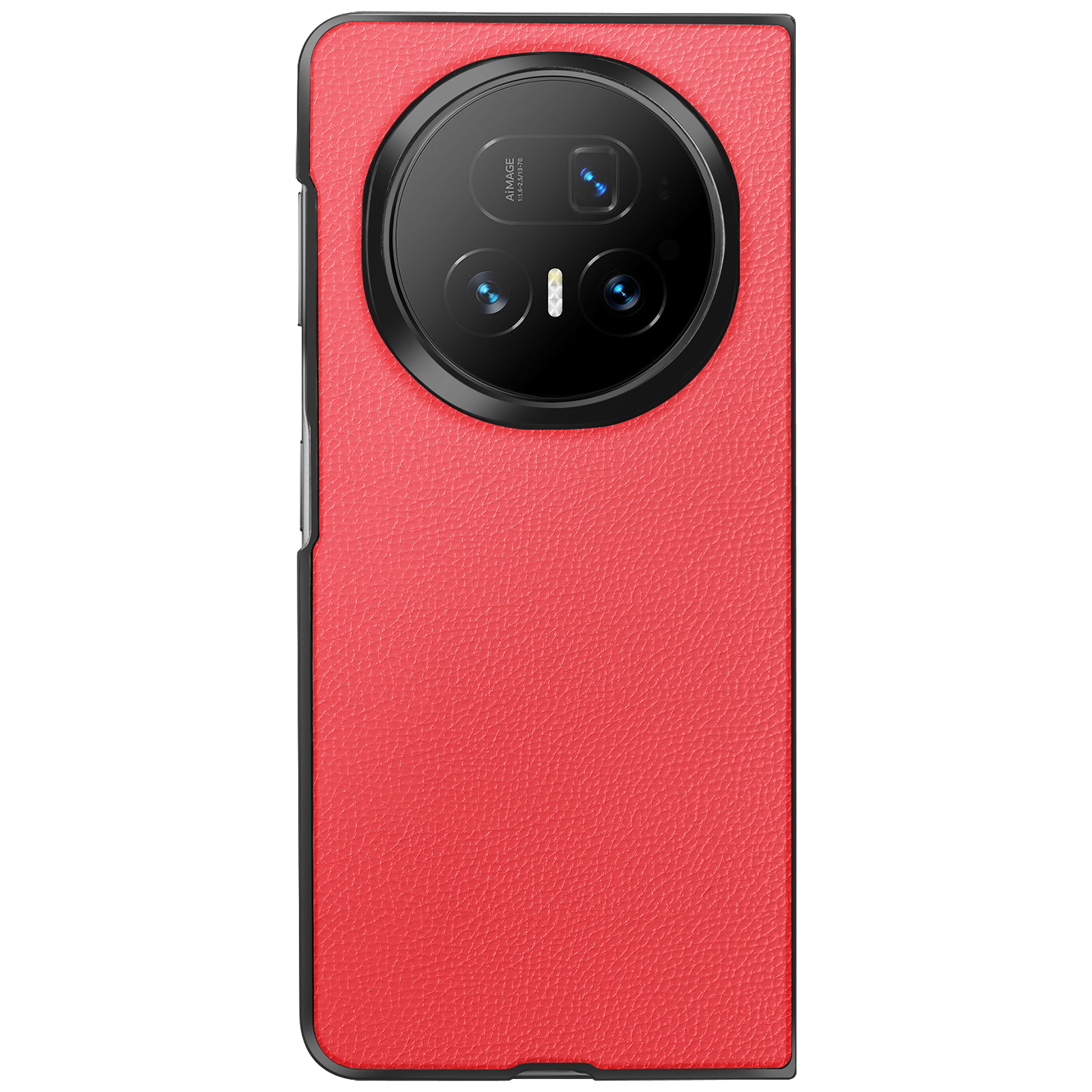 Coque de téléphone rouge avec module caméra noir. Texture cuir et cadre noir.